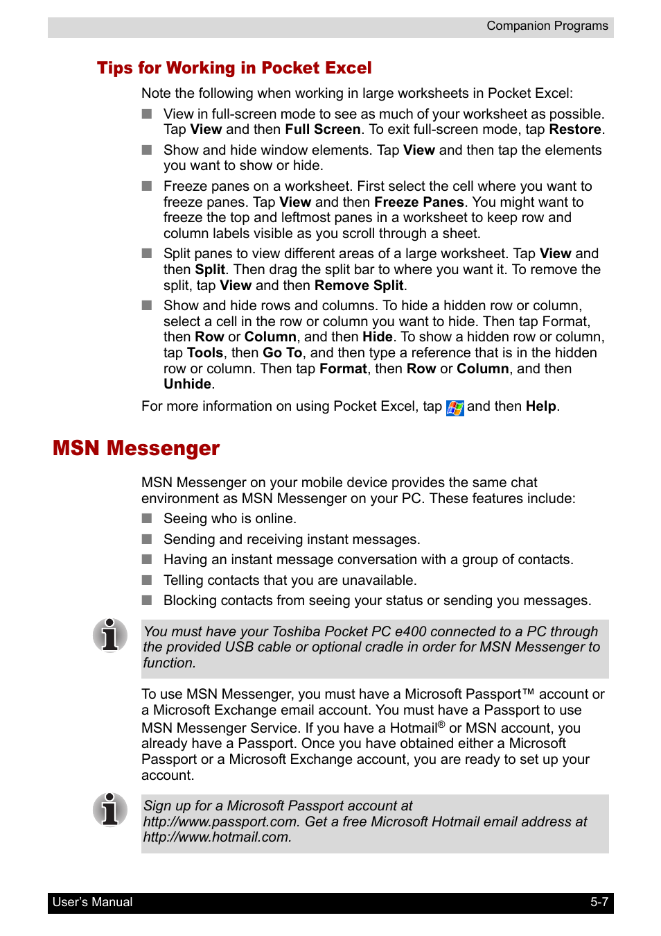 Tips for working in pocket excel, Msn messenger | Toshiba Pocket PC e400 User Manual | Page 67 / 116