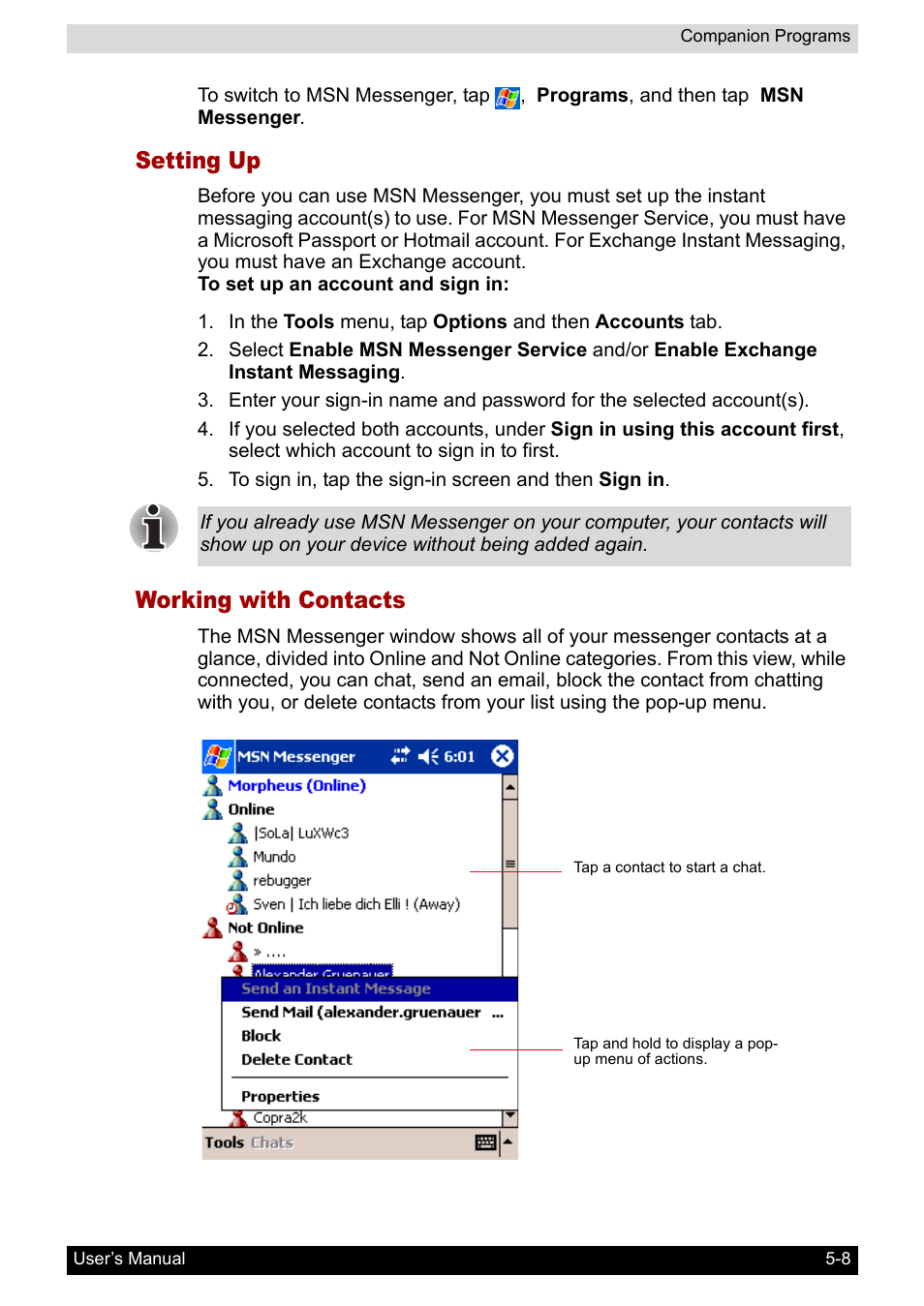 Setting up, Working with contacts | Toshiba Pocket PC e400 User Manual | Page 68 / 116