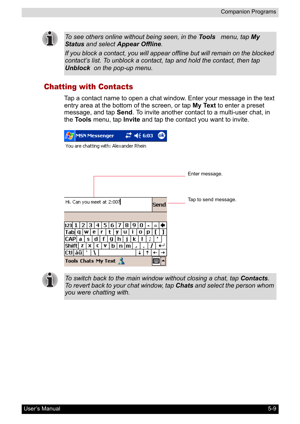 Chatting with contacts | Toshiba Pocket PC e400 User Manual | Page 69 / 116