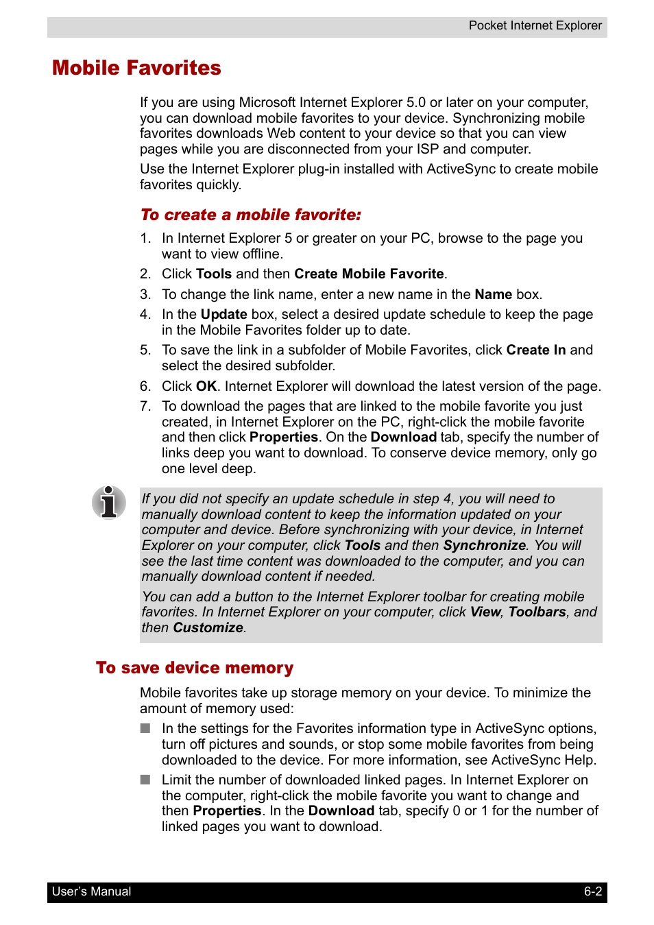 Mobile favorites, To save device memory | Toshiba Pocket PC e400 User Manual | Page 73 / 116