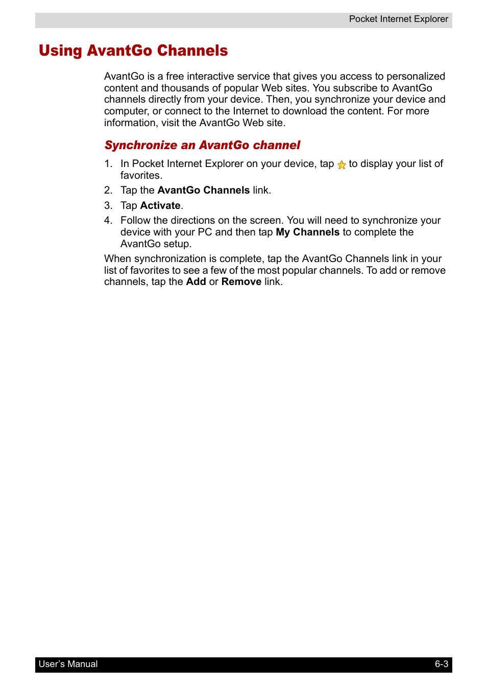 Using avantgo channels | Toshiba Pocket PC e400 User Manual | Page 74 / 116