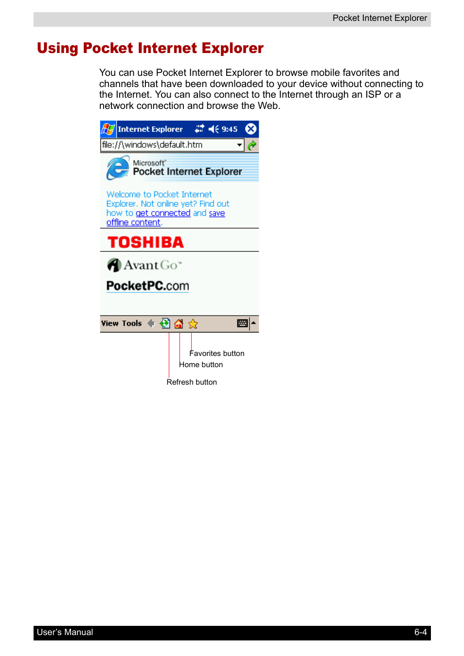 Using pocket internet explorer | Toshiba Pocket PC e400 User Manual | Page 75 / 116