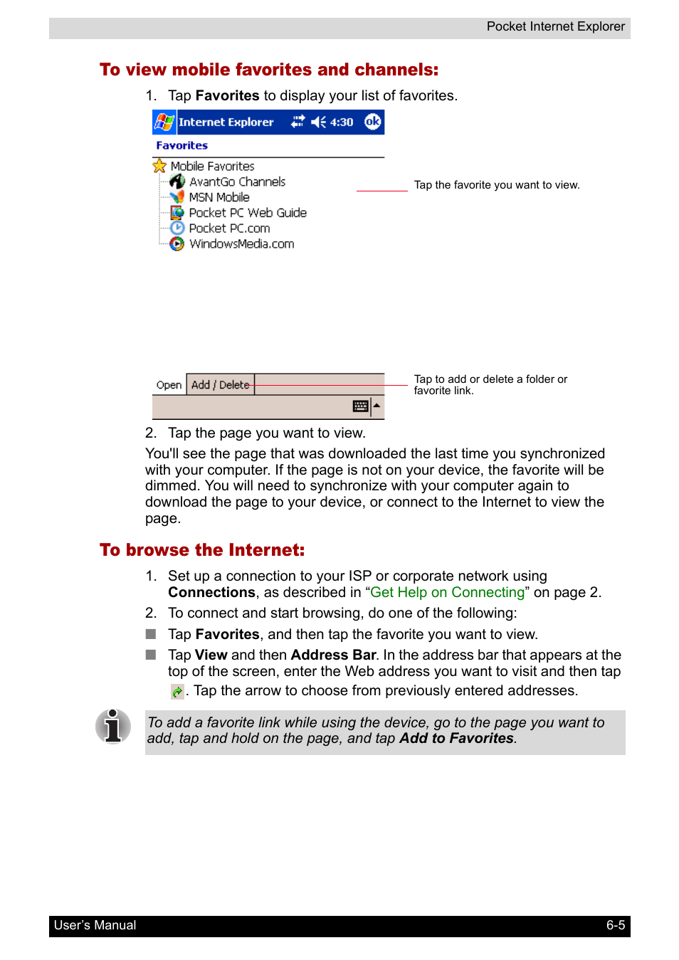 To view mobile favorites and channels, To browse the internet | Toshiba Pocket PC e400 User Manual | Page 76 / 116