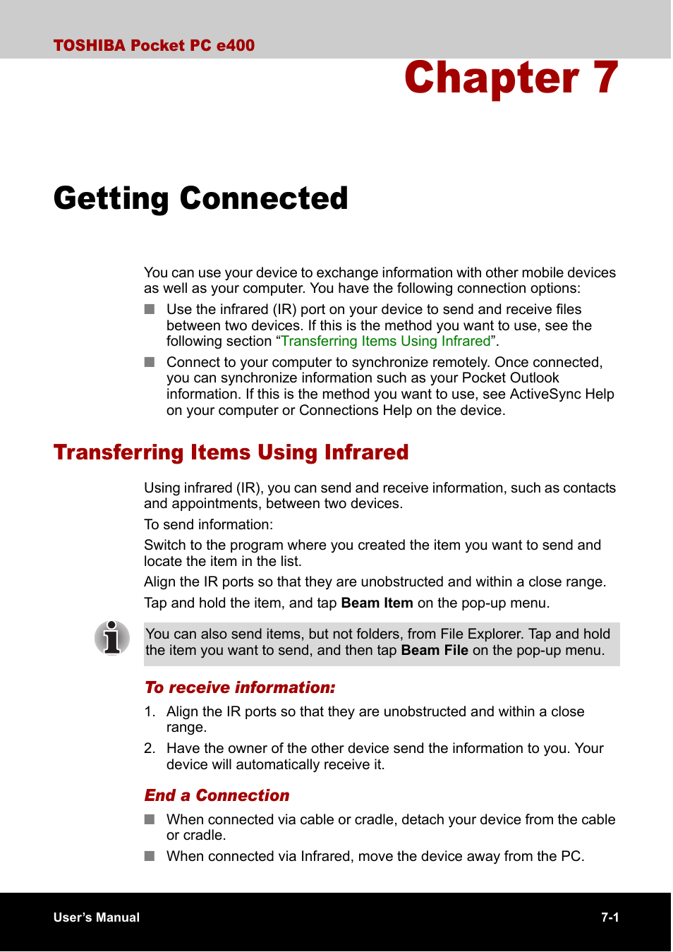 Getting connected, Transferring items using infrared, Chapter 7 | Toshiba Pocket PC e400 User Manual | Page 77 / 116