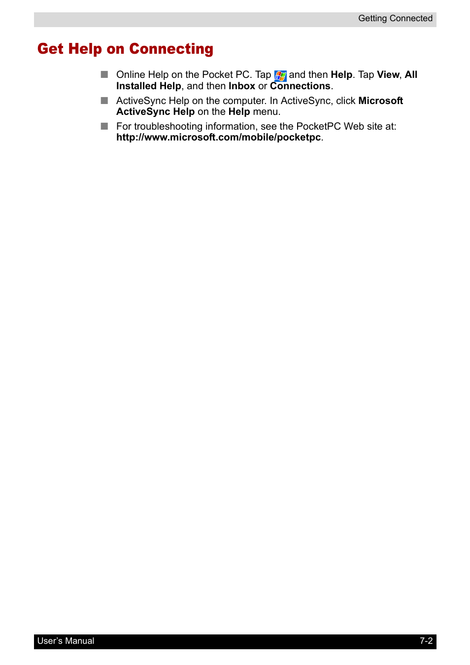 Get help on connecting | Toshiba Pocket PC e400 User Manual | Page 78 / 116