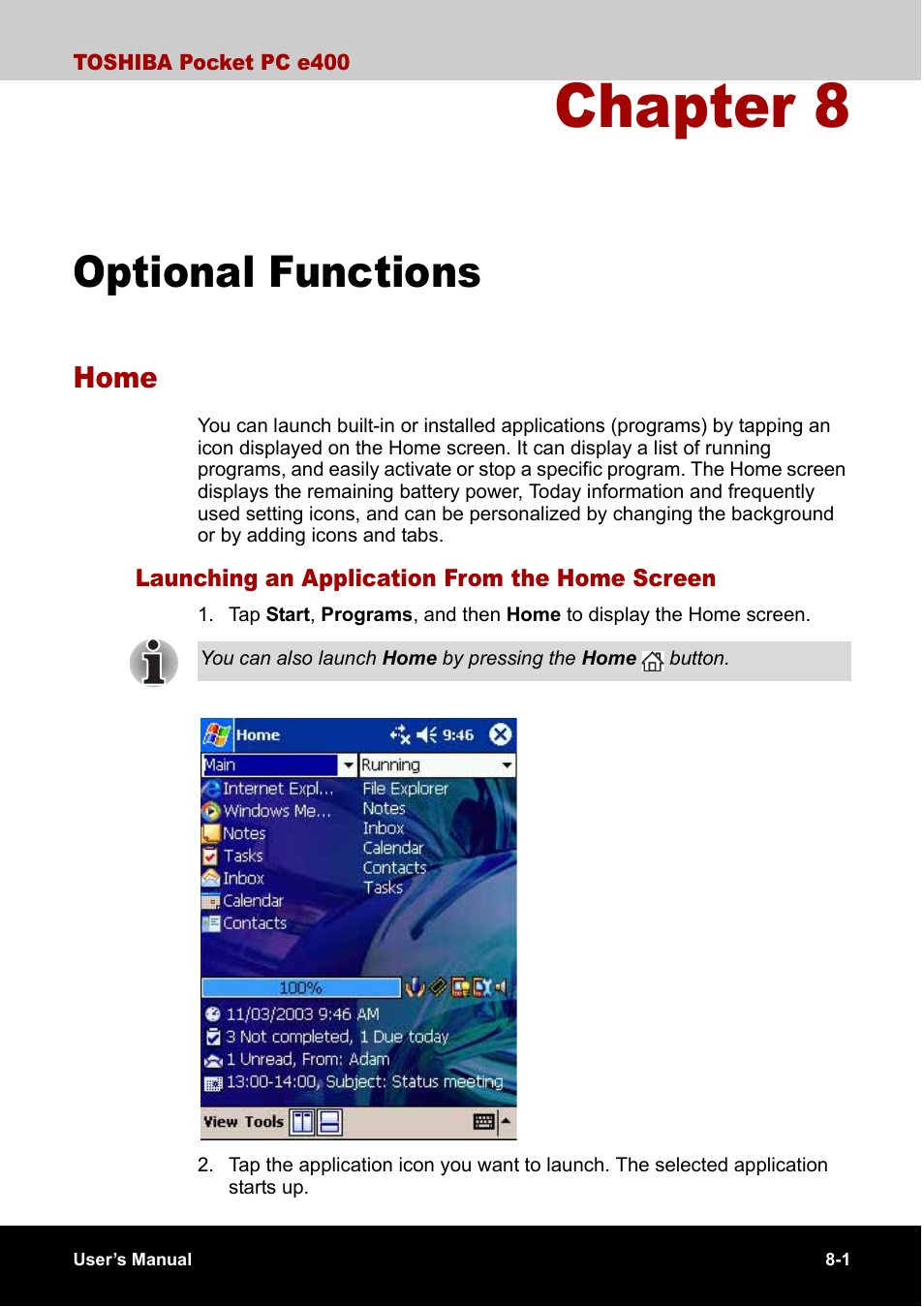 Optional functions, Home, Launching an application from the home screen | Chapter 8 | Toshiba Pocket PC e400 User Manual | Page 79 / 116