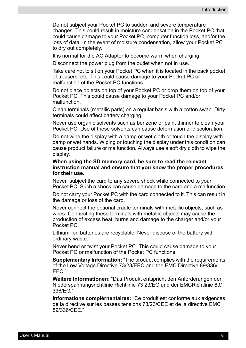 Toshiba Pocket PC e400 User Manual | Page 8 / 116