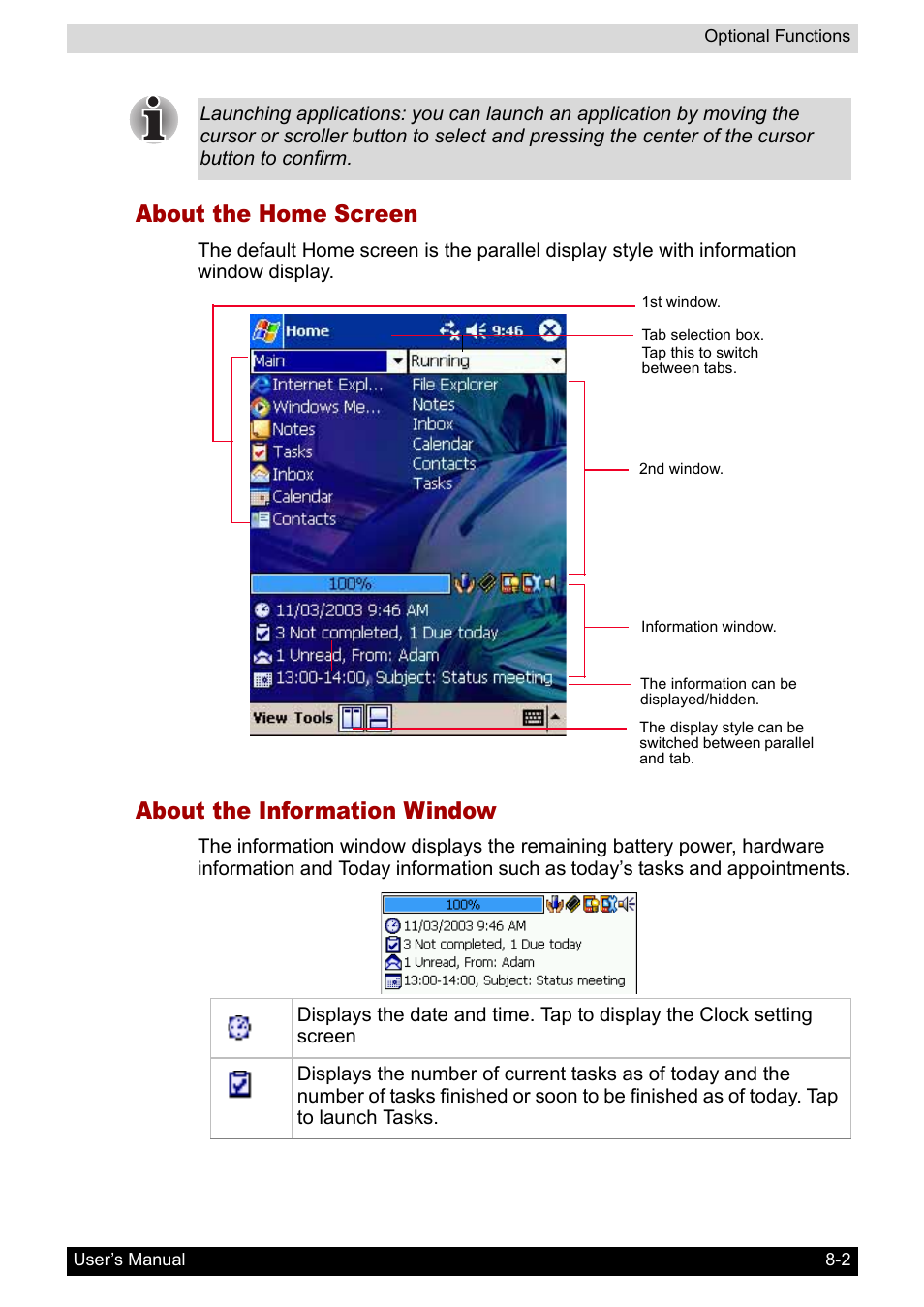 About the home screen, About the information window | Toshiba Pocket PC e400 User Manual | Page 80 / 116