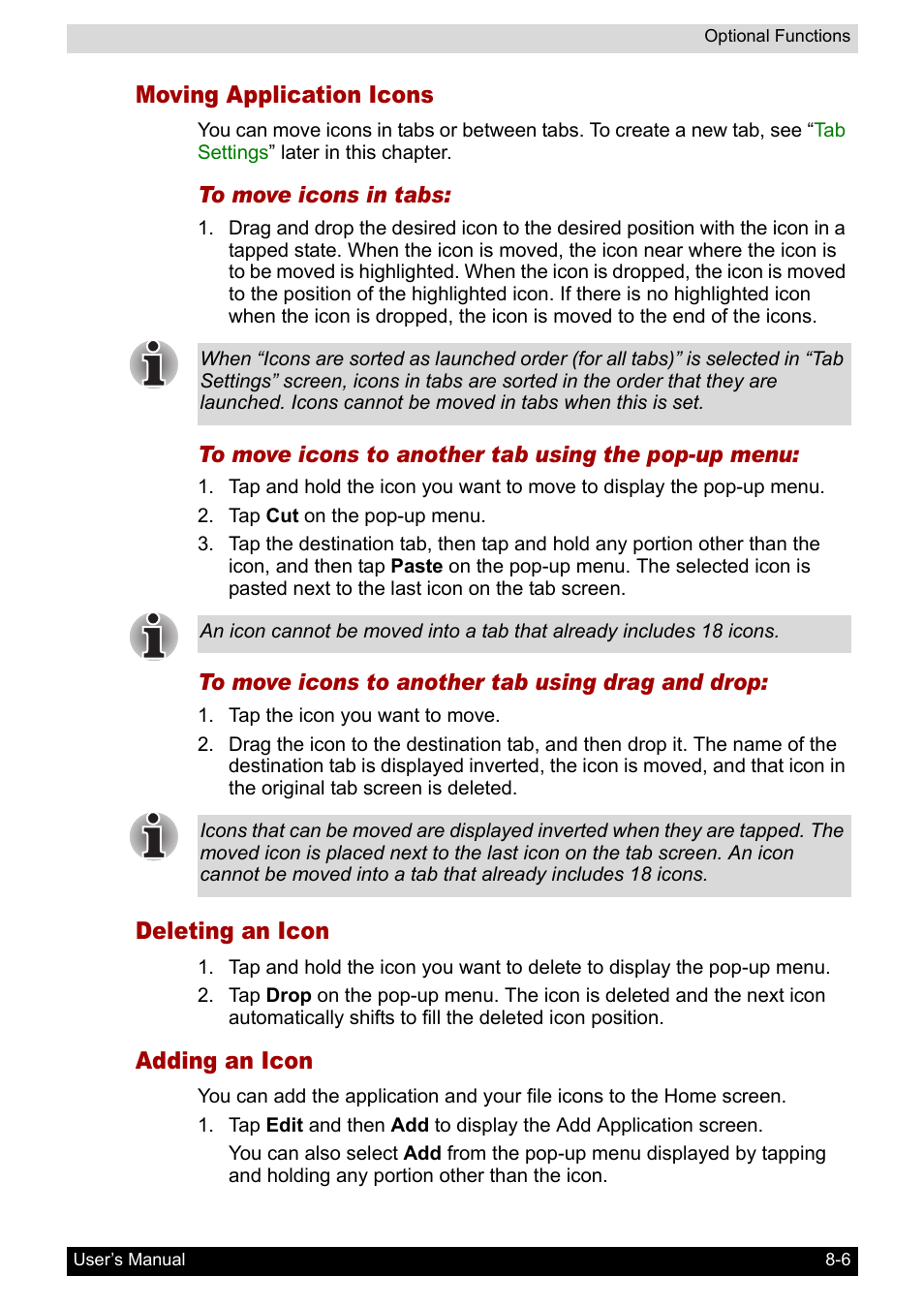 Moving application icons, Deleting an icon, Adding an icon | Toshiba Pocket PC e400 User Manual | Page 84 / 116