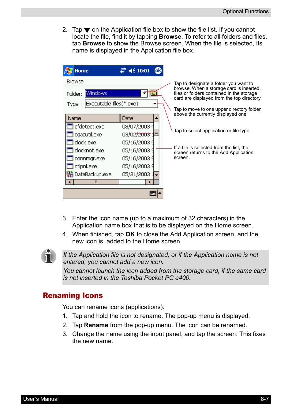 Renaming icons | Toshiba Pocket PC e400 User Manual | Page 85 / 116