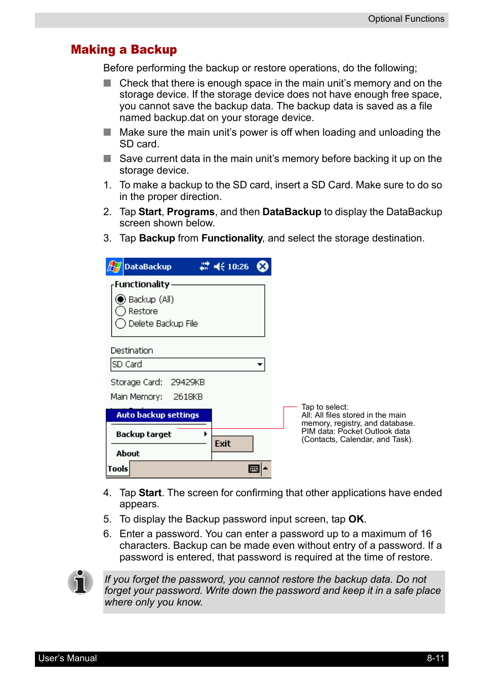 Making a backup | Toshiba Pocket PC e400 User Manual | Page 89 / 116