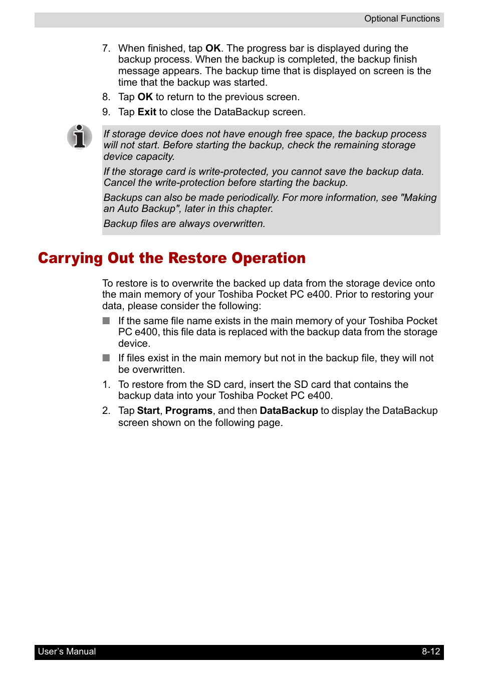 Carrying out the restore operation | Toshiba Pocket PC e400 User Manual | Page 90 / 116