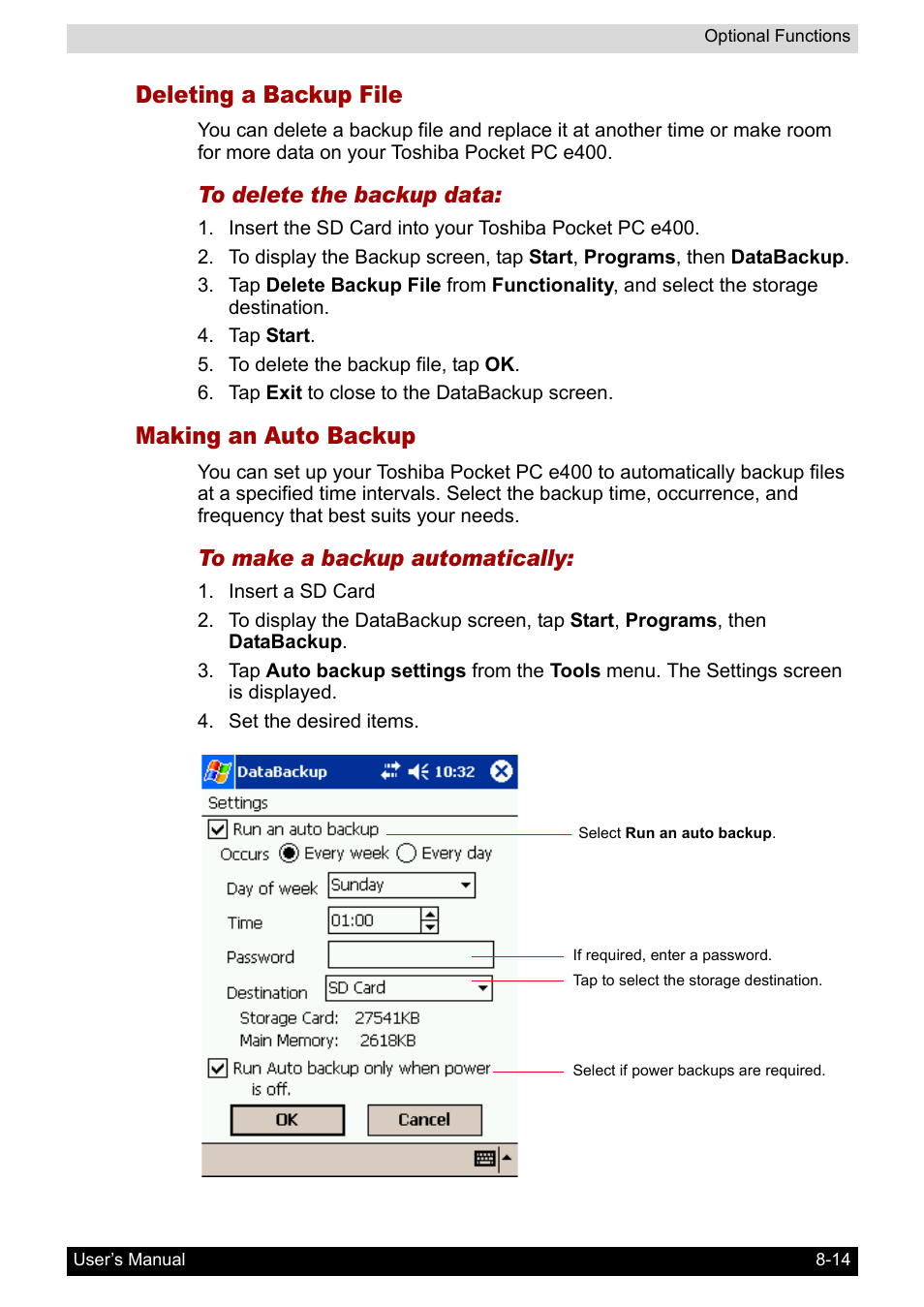 Deleting a backup file, Making an auto backup | Toshiba Pocket PC e400 User Manual | Page 92 / 116