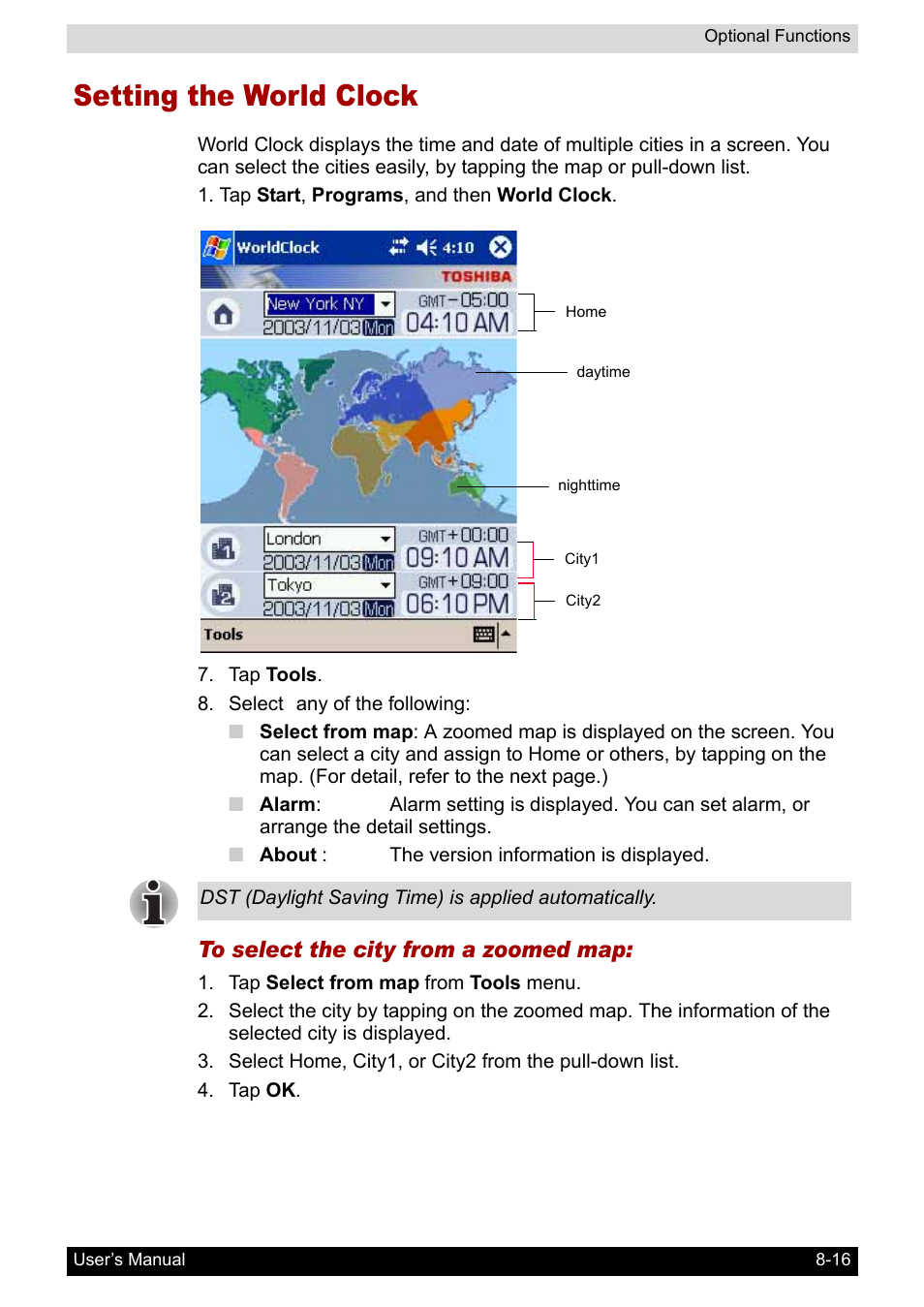 Setting the world clock | Toshiba Pocket PC e400 User Manual | Page 94 / 116