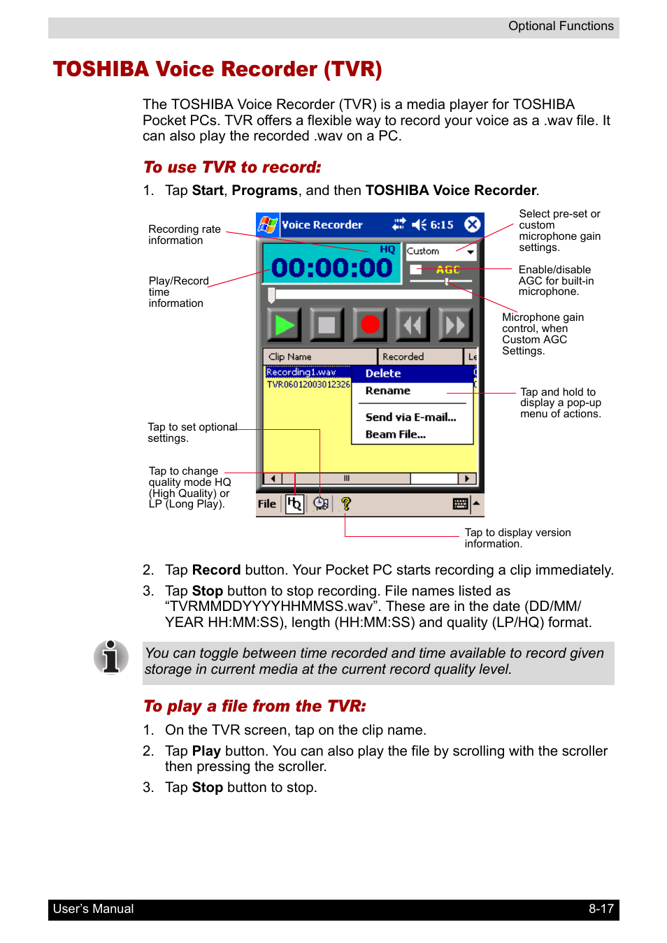 Toshiba voice recorder (tvr) | Toshiba Pocket PC e400 User Manual | Page 95 / 116