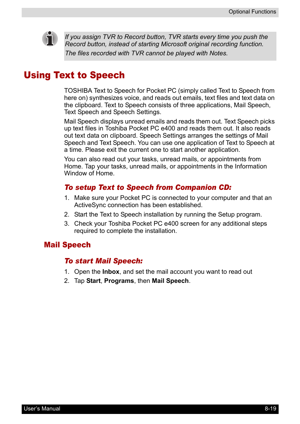 Using text to speech, Mail speech | Toshiba Pocket PC e400 User Manual | Page 97 / 116