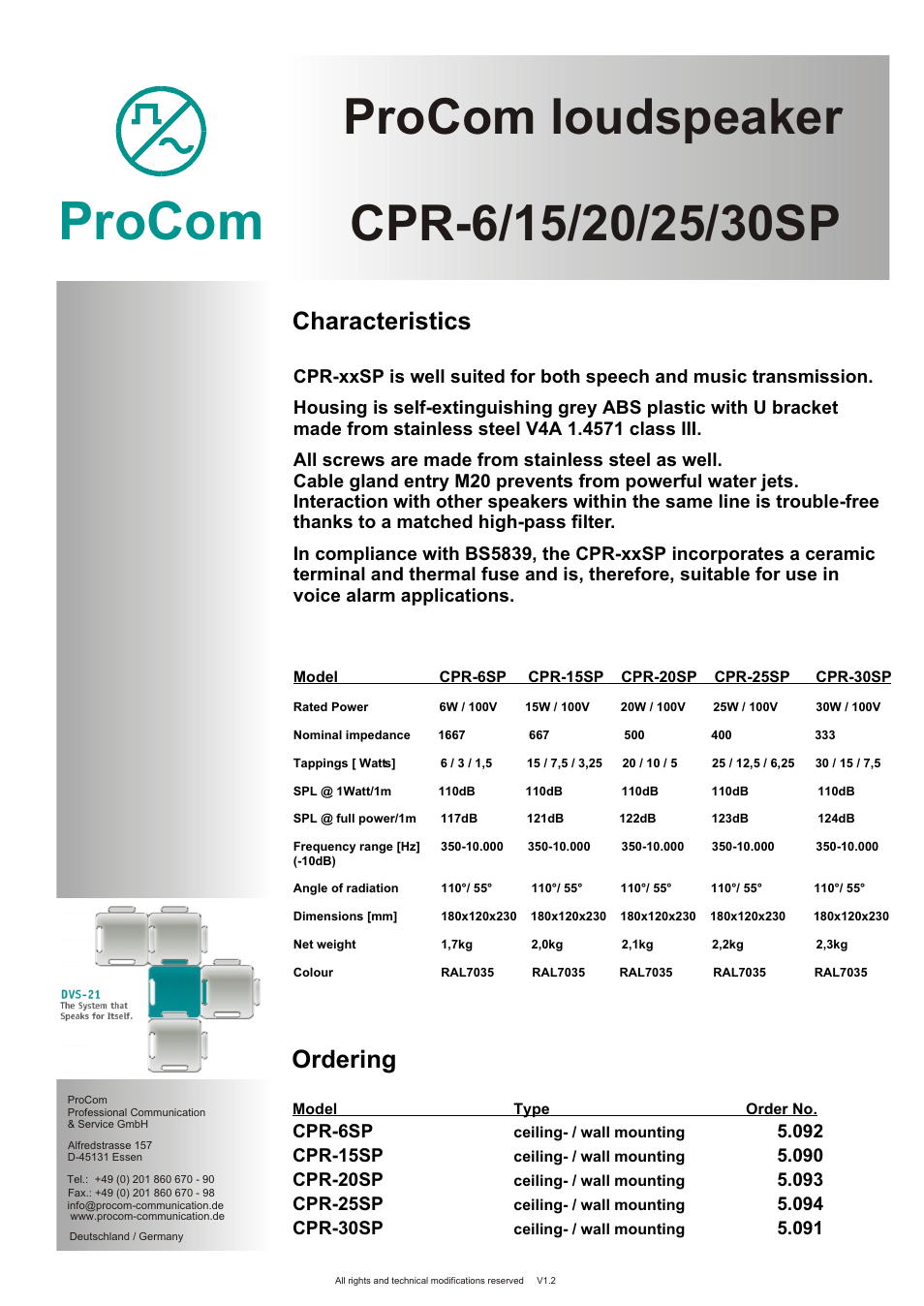Seite2, Procom, Procom loudspeaker | Characteristics, Ordering, Cpr-6sp | Procom CPR-6_15_20_25_30SP User Manual | Page 2 / 2