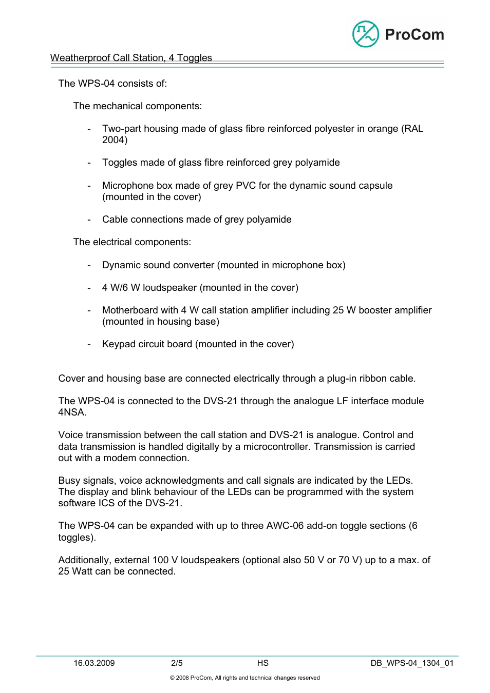 Data sheet, Wps-04 | Procom WPS-04 User Manual | Page 2 / 5