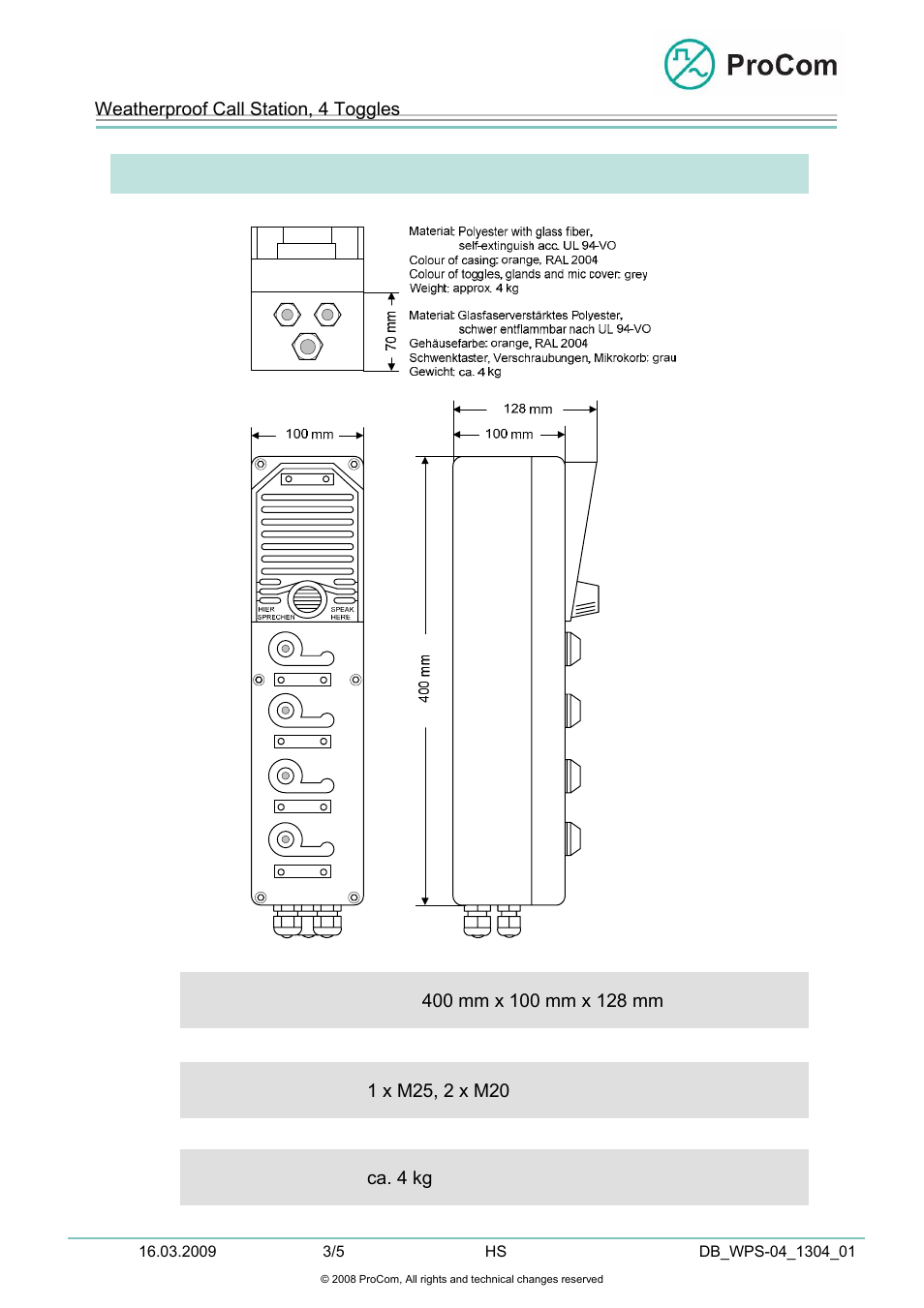 Data sheet, Wps-04 | Procom WPS-04 User Manual | Page 3 / 5