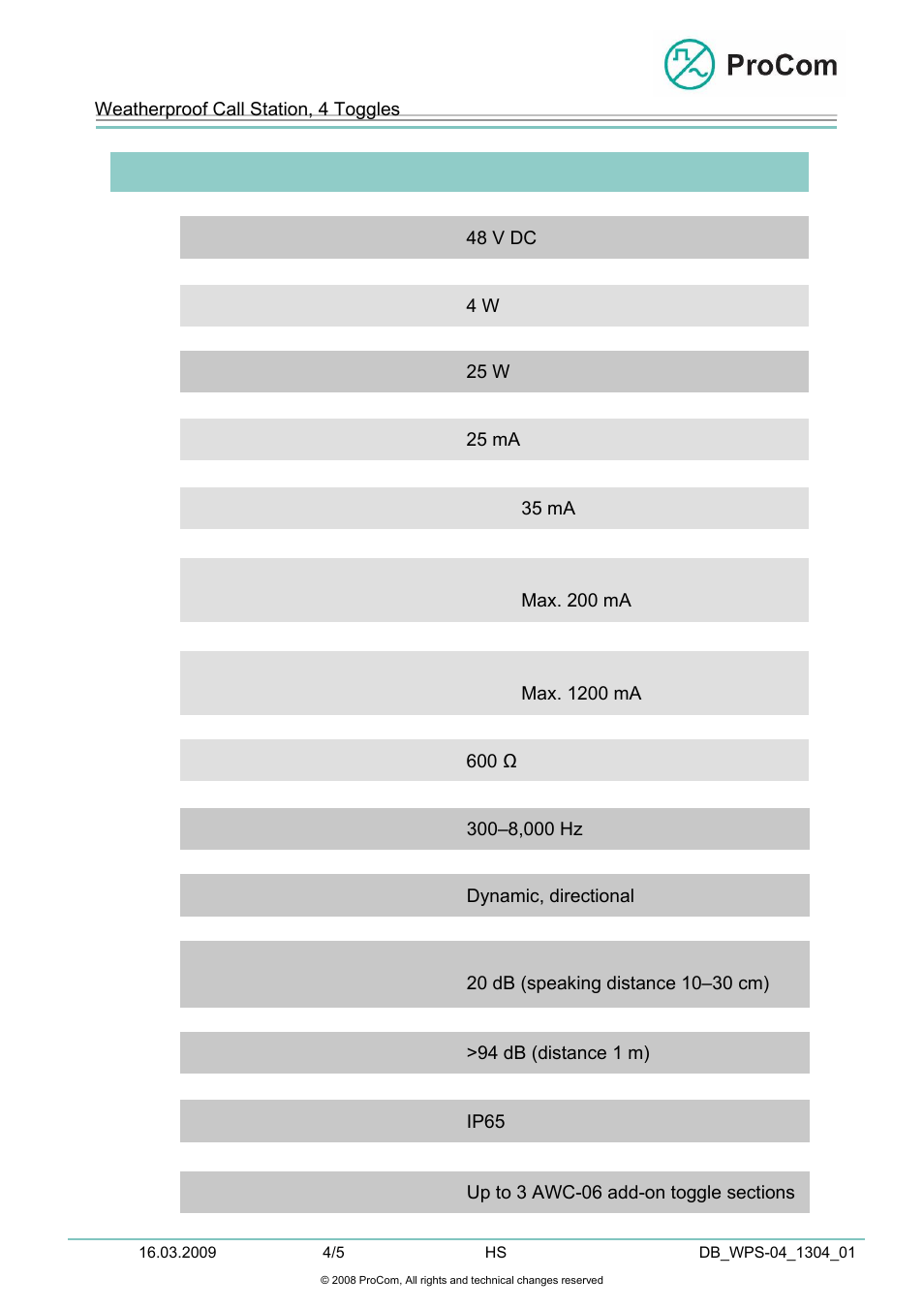 Data sheet | Procom WPS-04 User Manual | Page 4 / 5