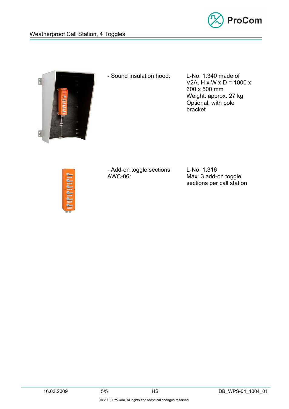 Data sheet, Wps-04 | Procom WPS-04 User Manual | Page 5 / 5