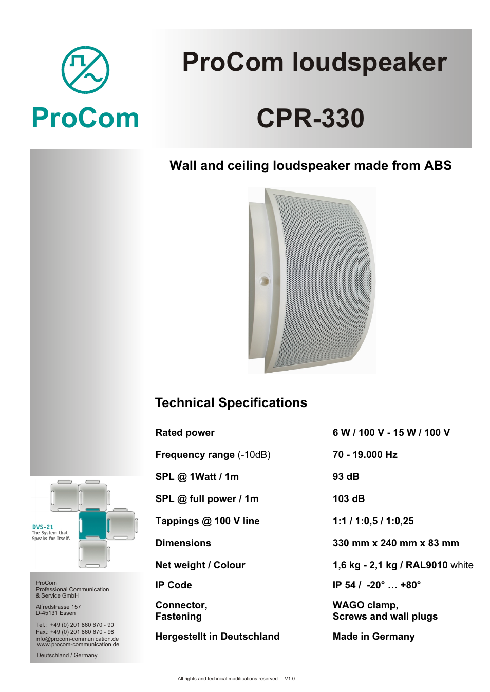 Procom CPR-330 User Manual | 2 pages