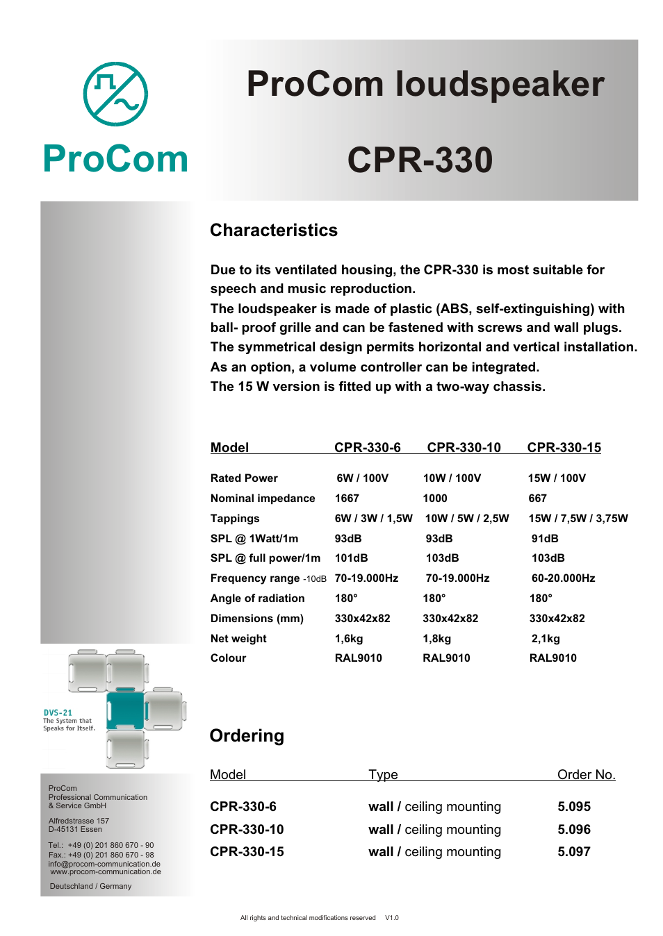 Seite2, Procom, Procom loudspeaker | Cpr-330, Characteristics, Ordering | Procom CPR-330 User Manual | Page 2 / 2