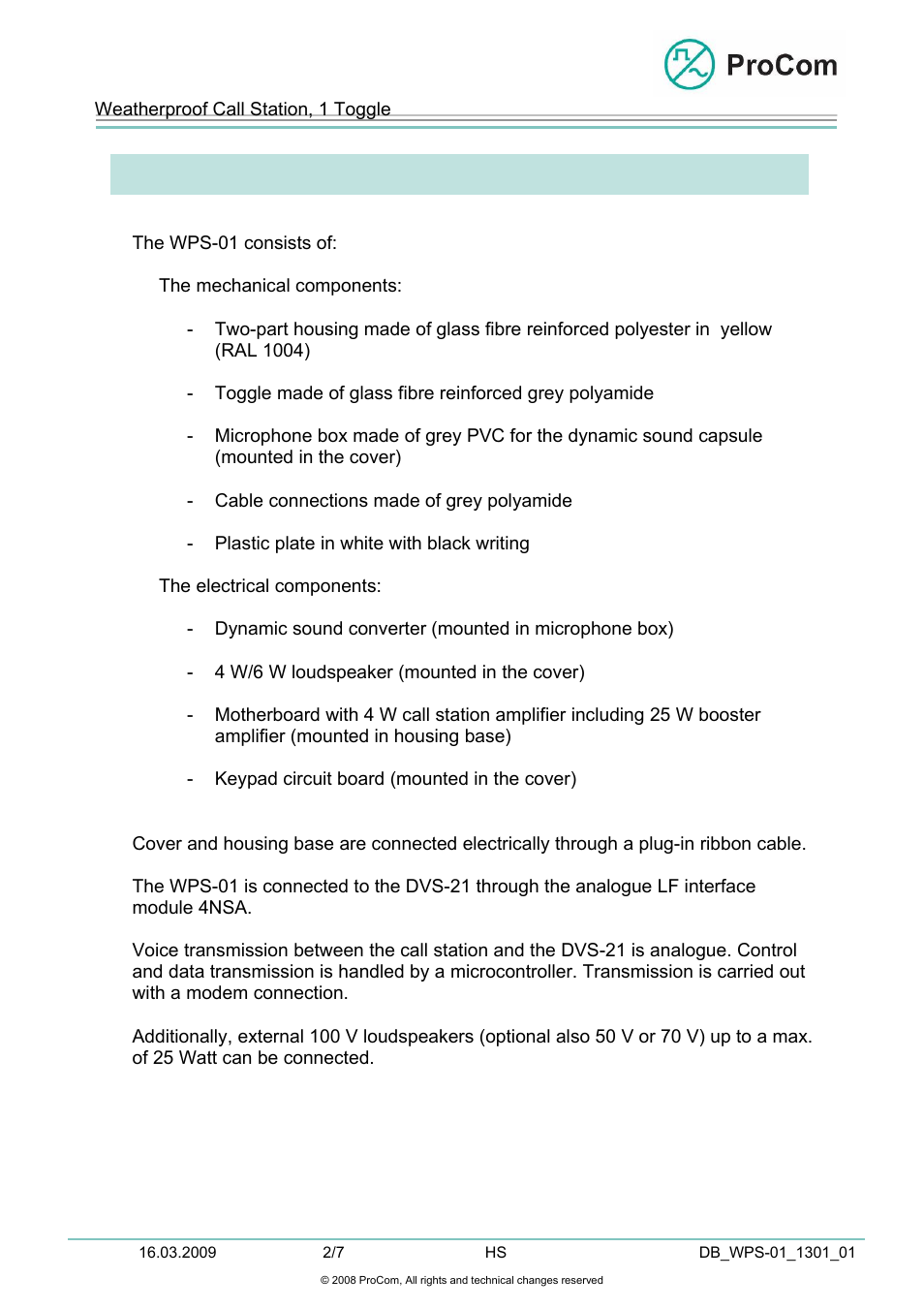 Data sheet, Wps-01 | Procom WPS-01 User Manual | Page 2 / 7