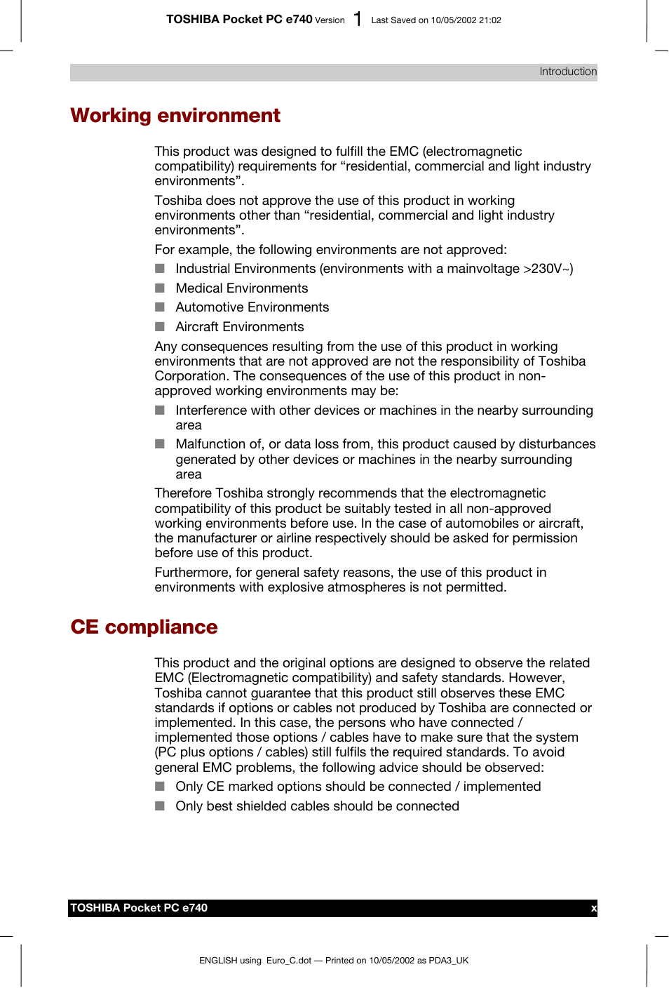 Working environment, Ce compliance | Toshiba Pocket PC e740 User Manual | Page 10 / 182