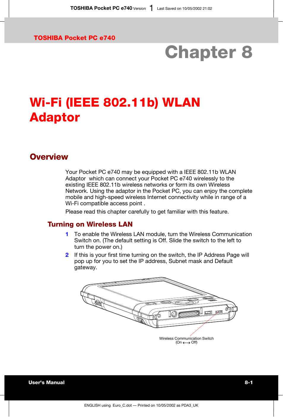 Wi-fi (ieee 802.11b) wlan adaptor, Overview, Turning on wireless lan | Chapter 8 | Toshiba Pocket PC e740 User Manual | Page 100 / 182