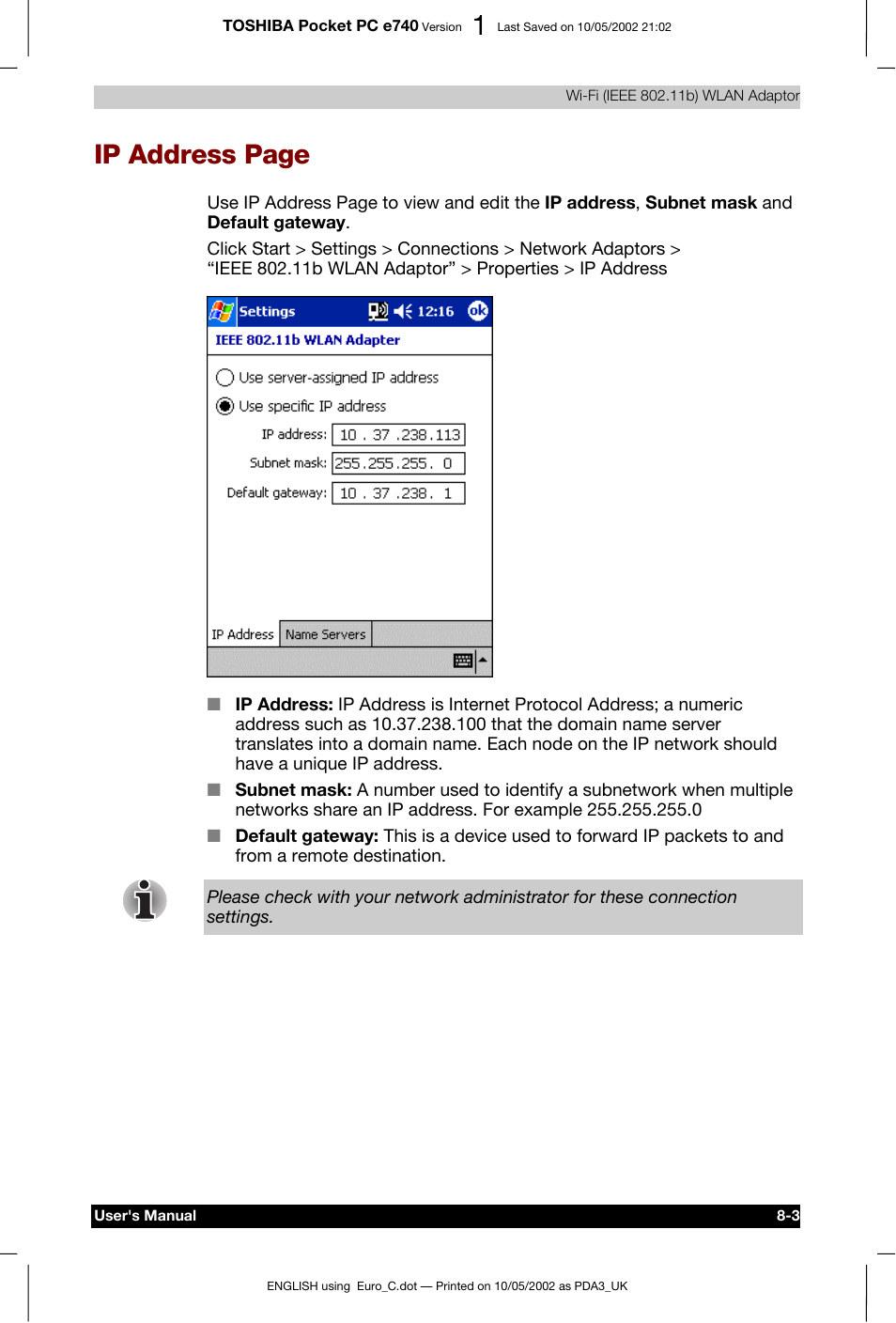 Ip address page | Toshiba Pocket PC e740 User Manual | Page 102 / 182