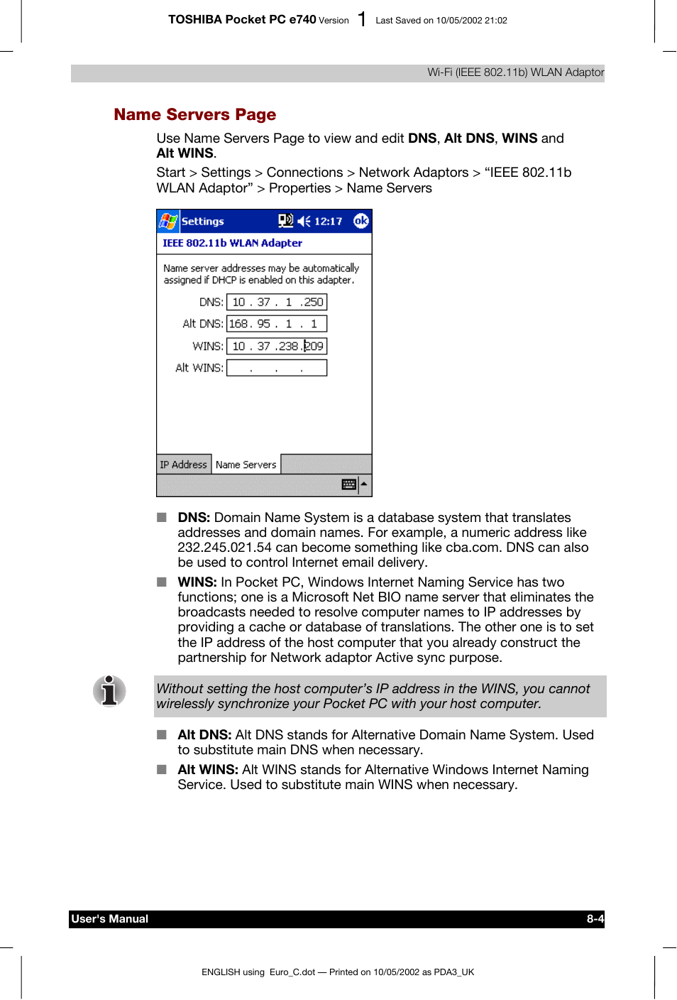 Name servers page | Toshiba Pocket PC e740 User Manual | Page 103 / 182