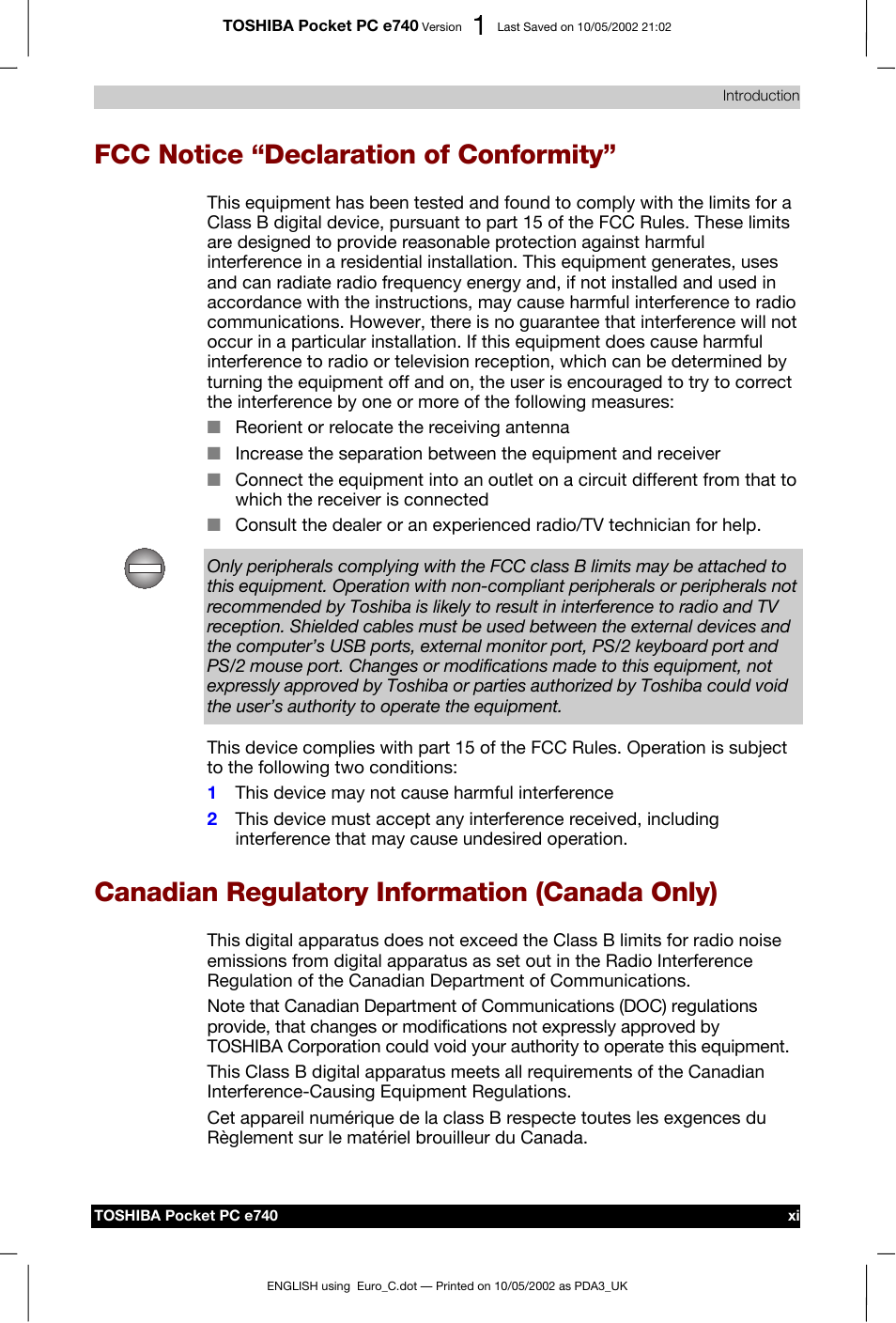 Fcc notice “declaration of conformity, Canadian regulatory information (canada only) | Toshiba Pocket PC e740 User Manual | Page 11 / 182