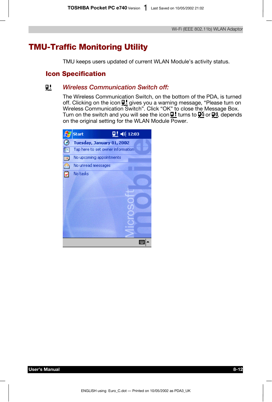 Tmu-traffic monitoring utility, Icon specification, Wireless communication switch off | Toshiba Pocket PC e740 User Manual | Page 111 / 182