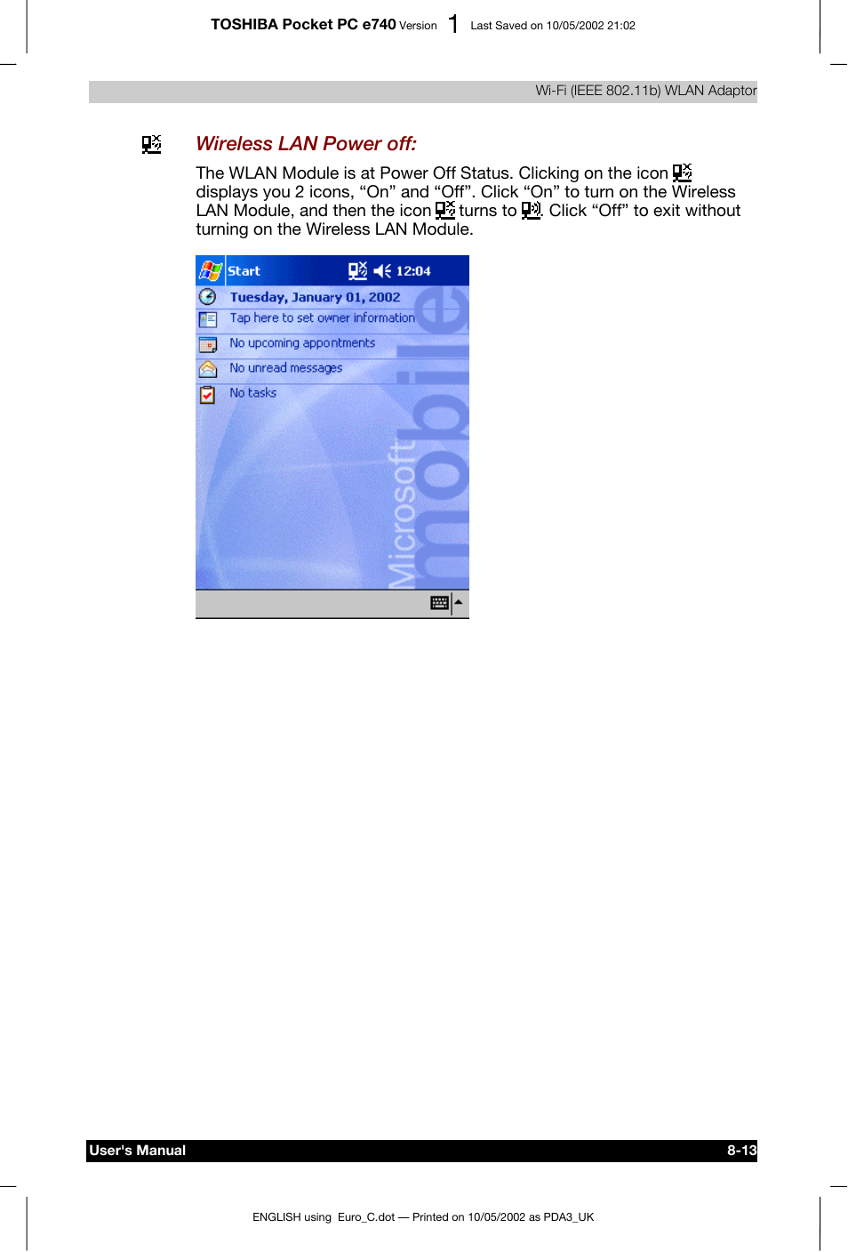 Wireless lan power off | Toshiba Pocket PC e740 User Manual | Page 112 / 182