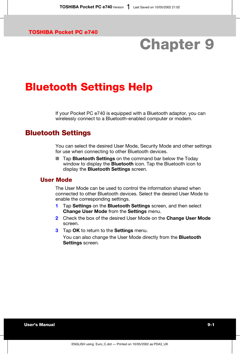 Bluetooth settings help, Bluetooth settings, User mode | Chapter 9 | Toshiba Pocket PC e740 User Manual | Page 114 / 182