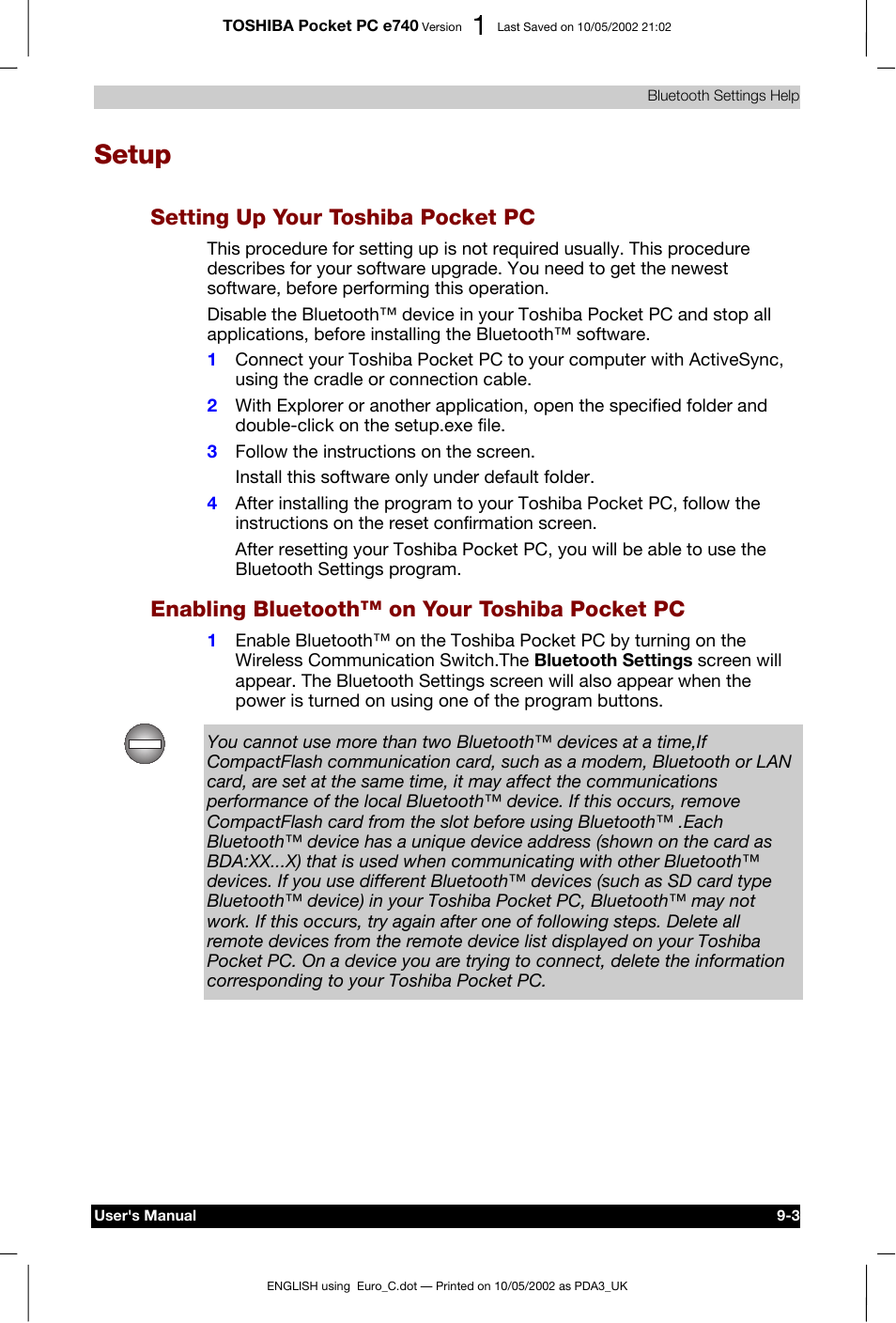 Setup, Setting up your toshiba pocket pc, Enabling bluetooth™ on your toshiba pocket pc | Toshiba Pocket PC e740 User Manual | Page 116 / 182