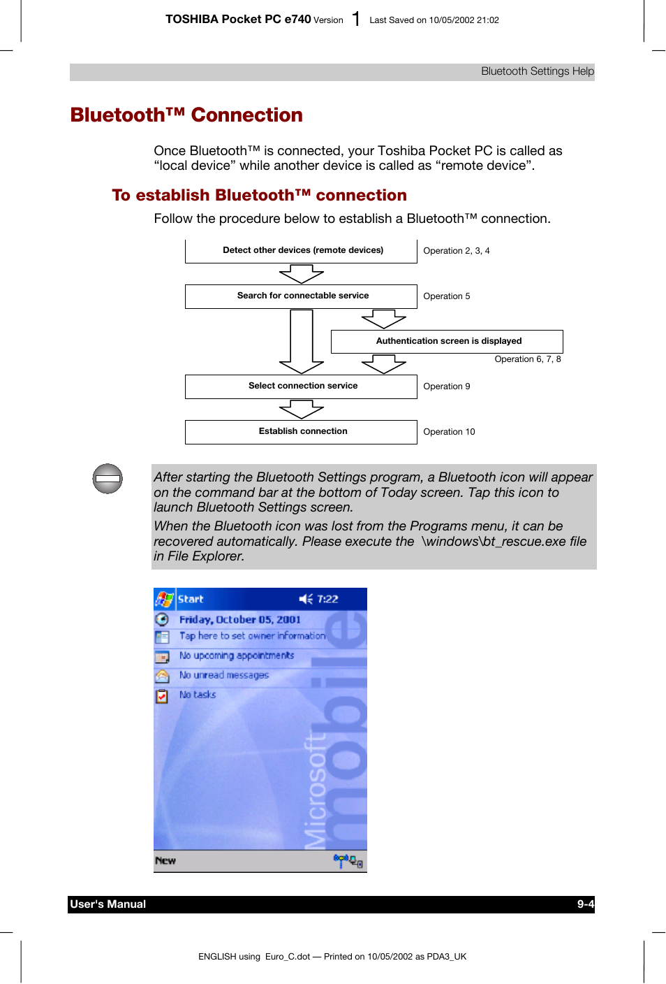 Bluetooth™ connection, To establish bluetooth™ connection | Toshiba Pocket PC e740 User Manual | Page 117 / 182