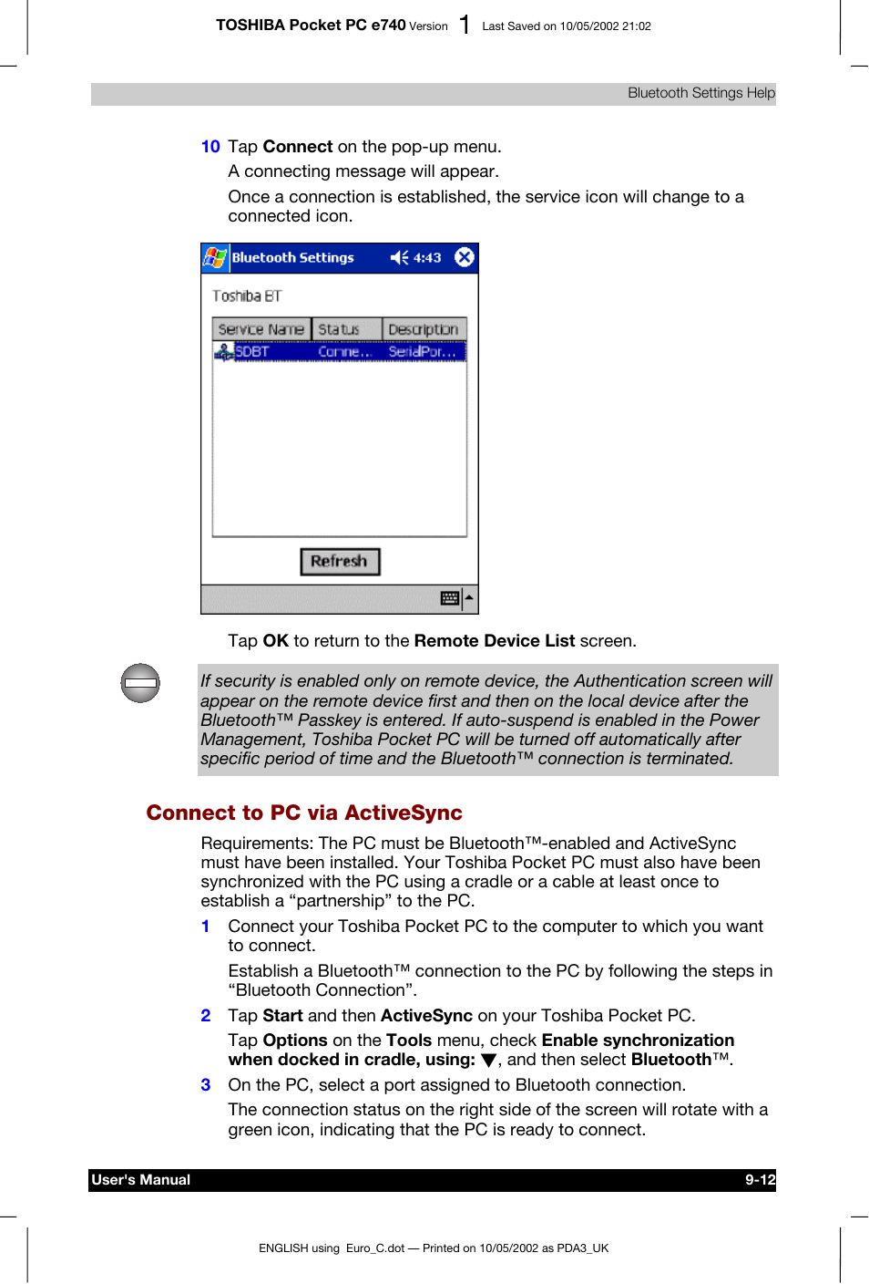 Connect to pc via activesync | Toshiba Pocket PC e740 User Manual | Page 125 / 182