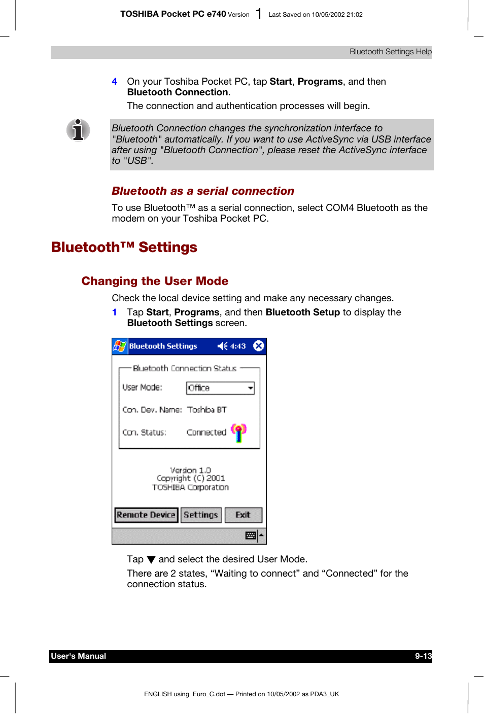Bluetooth™ settings, Changing the user mode, Bluetooth as a serial connection | Toshiba Pocket PC e740 User Manual | Page 126 / 182