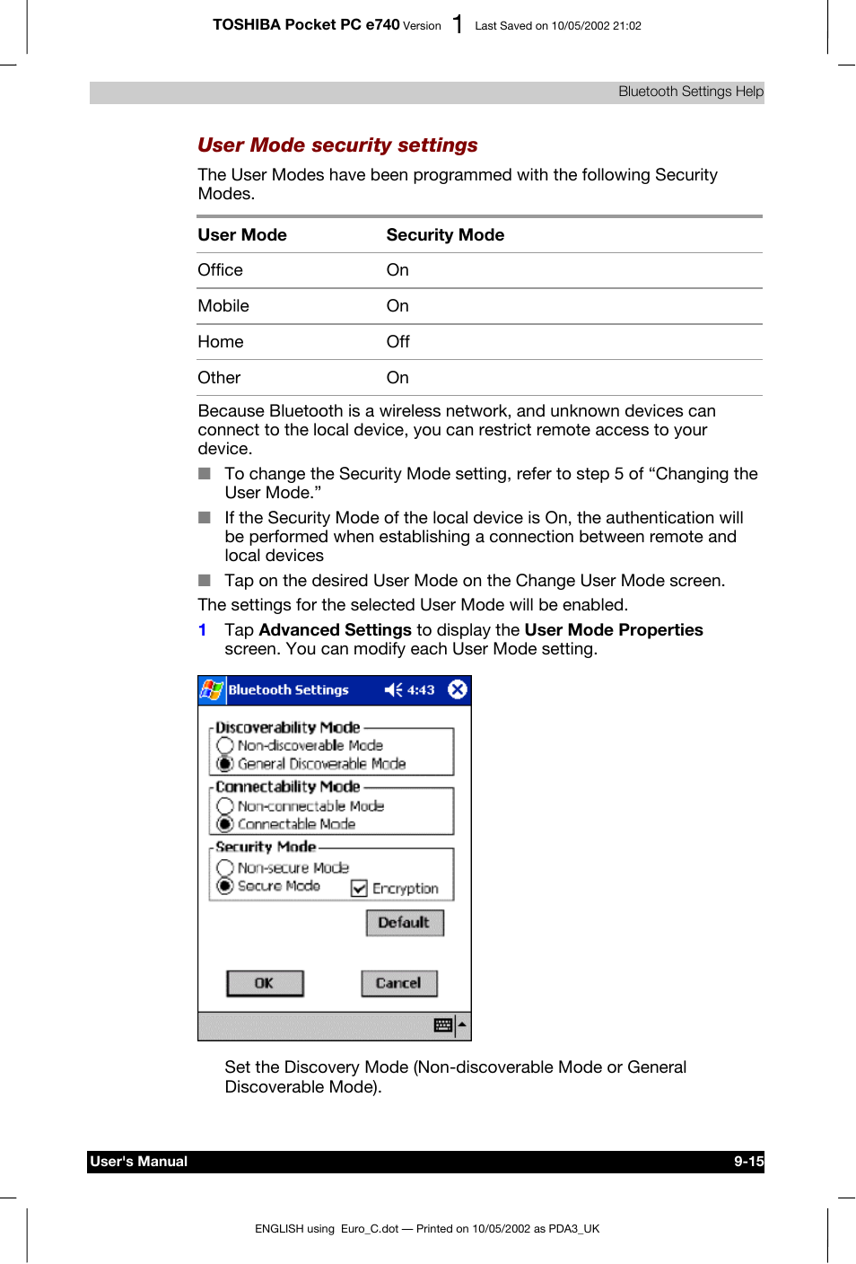 User mode security settings | Toshiba Pocket PC e740 User Manual | Page 128 / 182