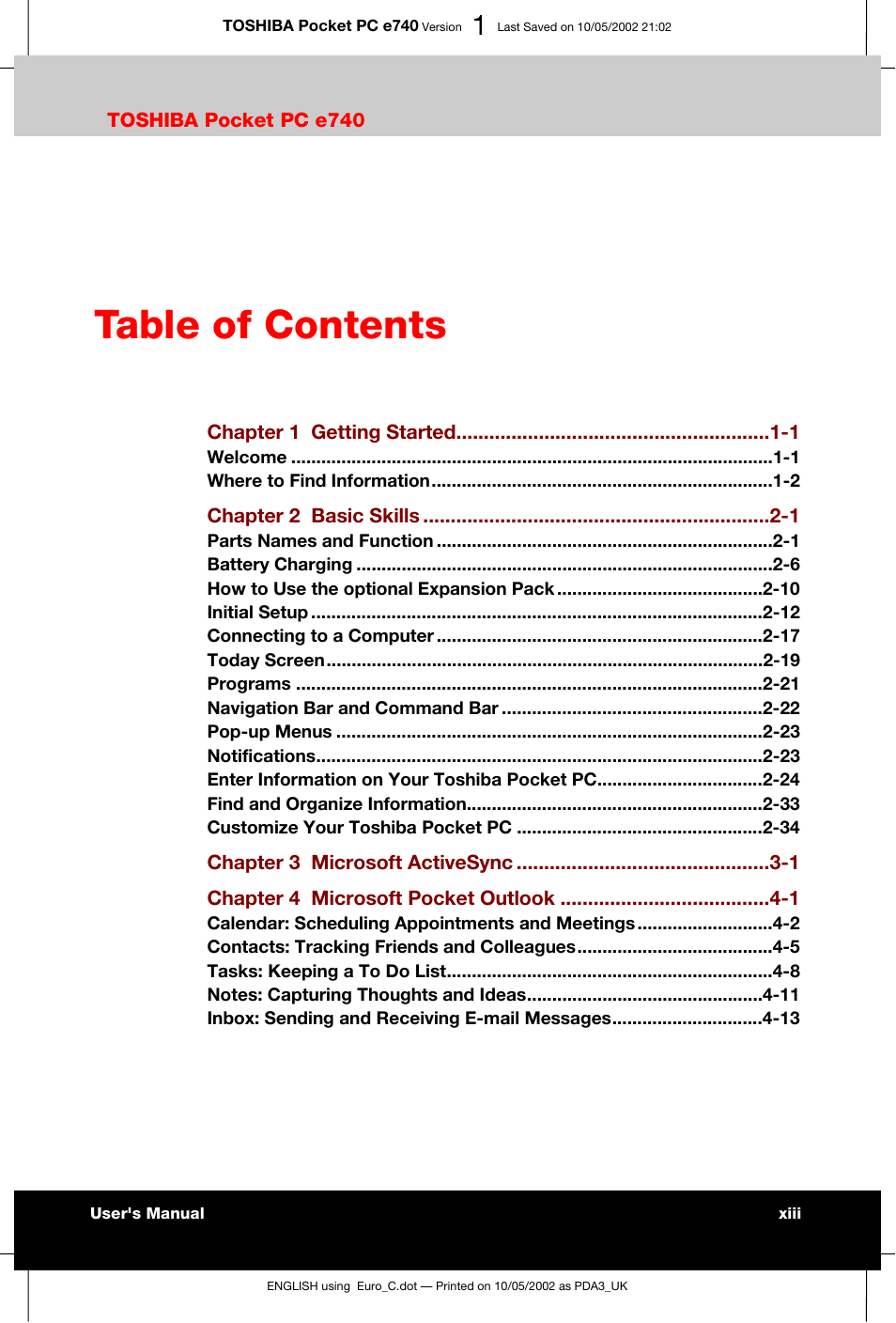 Toshiba Pocket PC e740 User Manual | Page 13 / 182