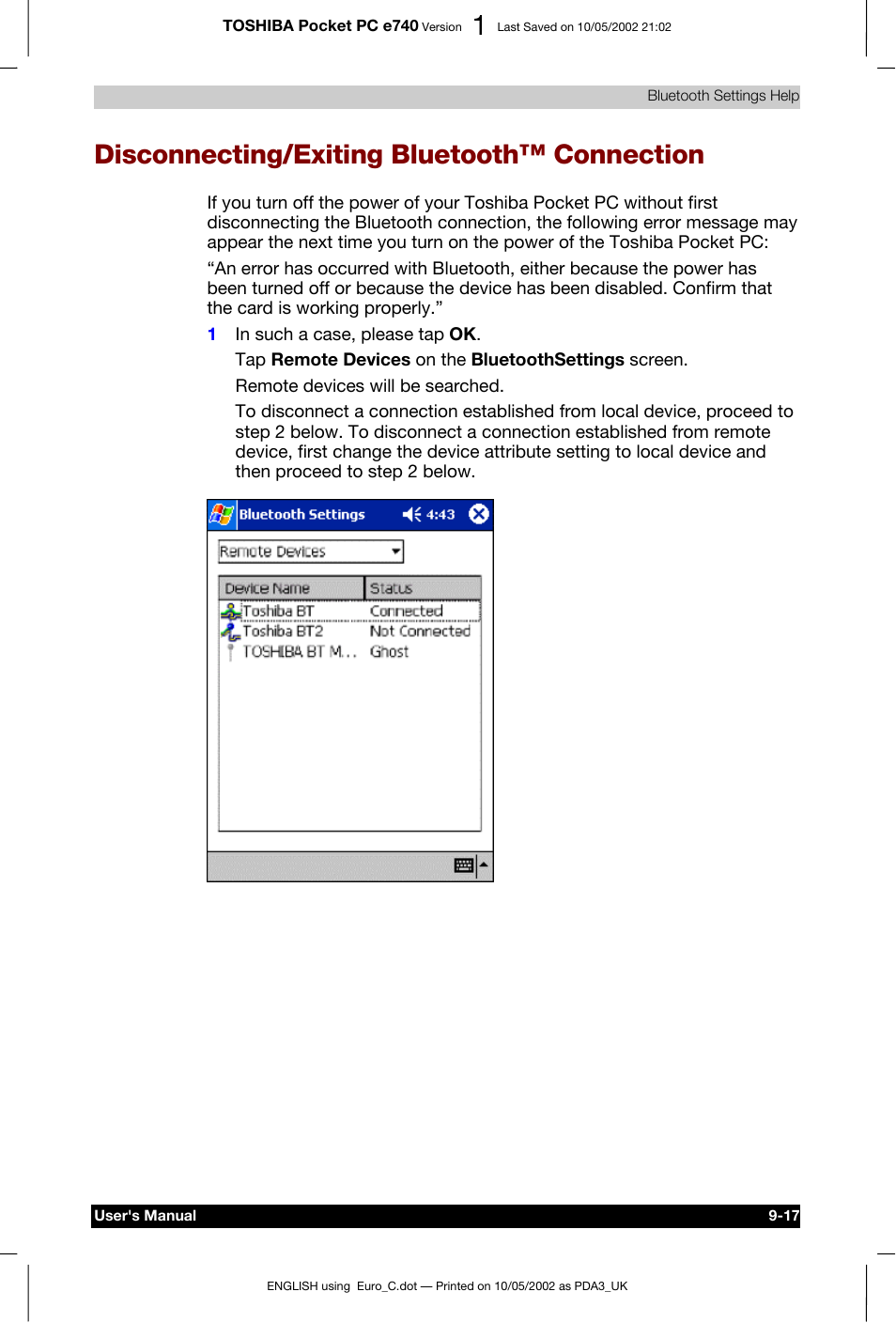 Disconnecting/exiting bluetooth™ connection | Toshiba Pocket PC e740 User Manual | Page 130 / 182