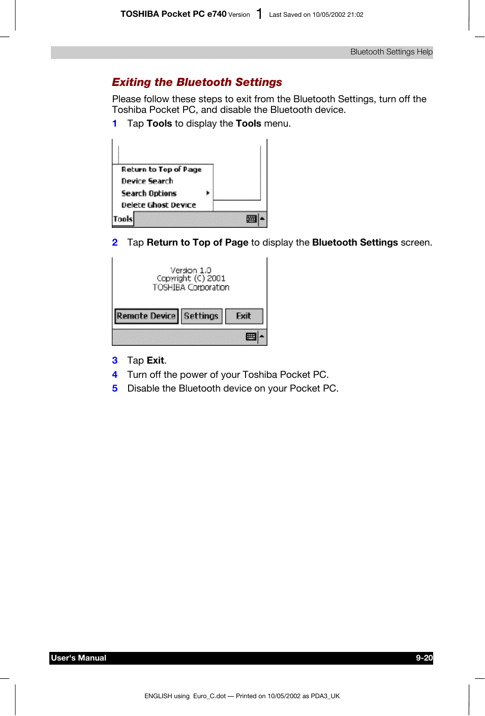 Exiting the bluetooth settings | Toshiba Pocket PC e740 User Manual | Page 133 / 182