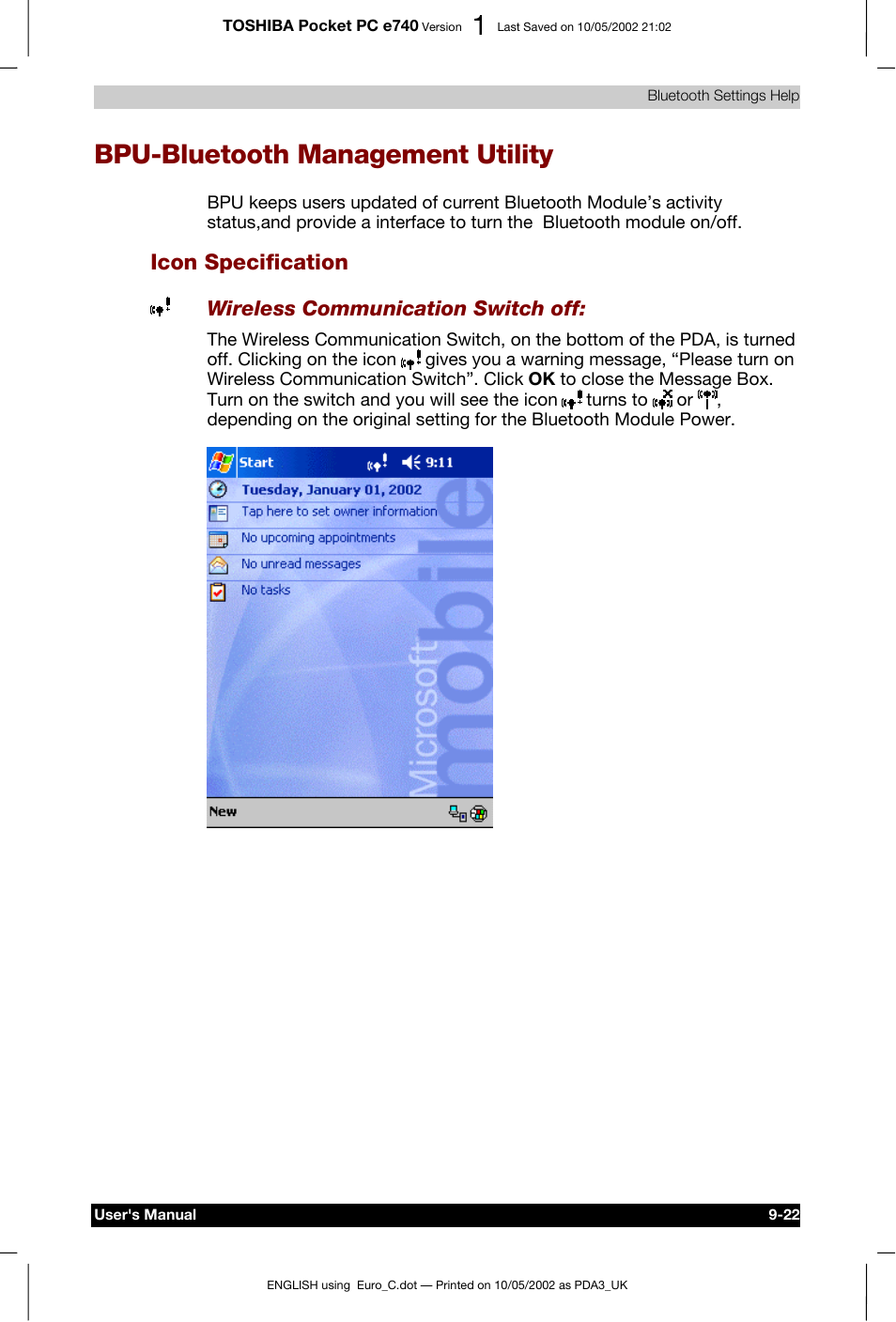 Bpu-bluetooth management utility, Icon specification, Ity -22 | Wireless communication switch off | Toshiba Pocket PC e740 User Manual | Page 135 / 182