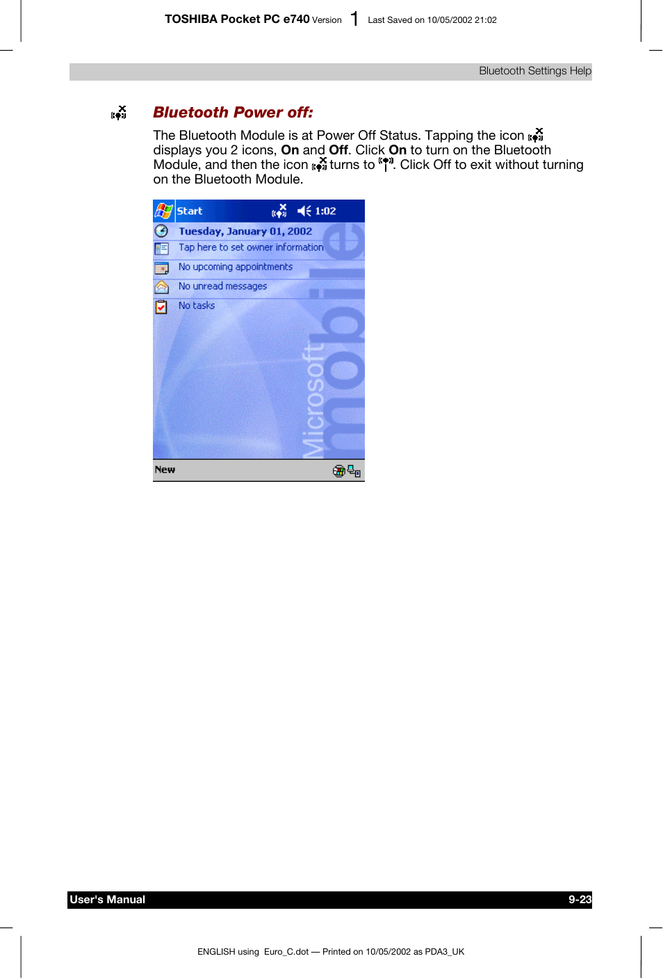 Bluetooth power off | Toshiba Pocket PC e740 User Manual | Page 136 / 182