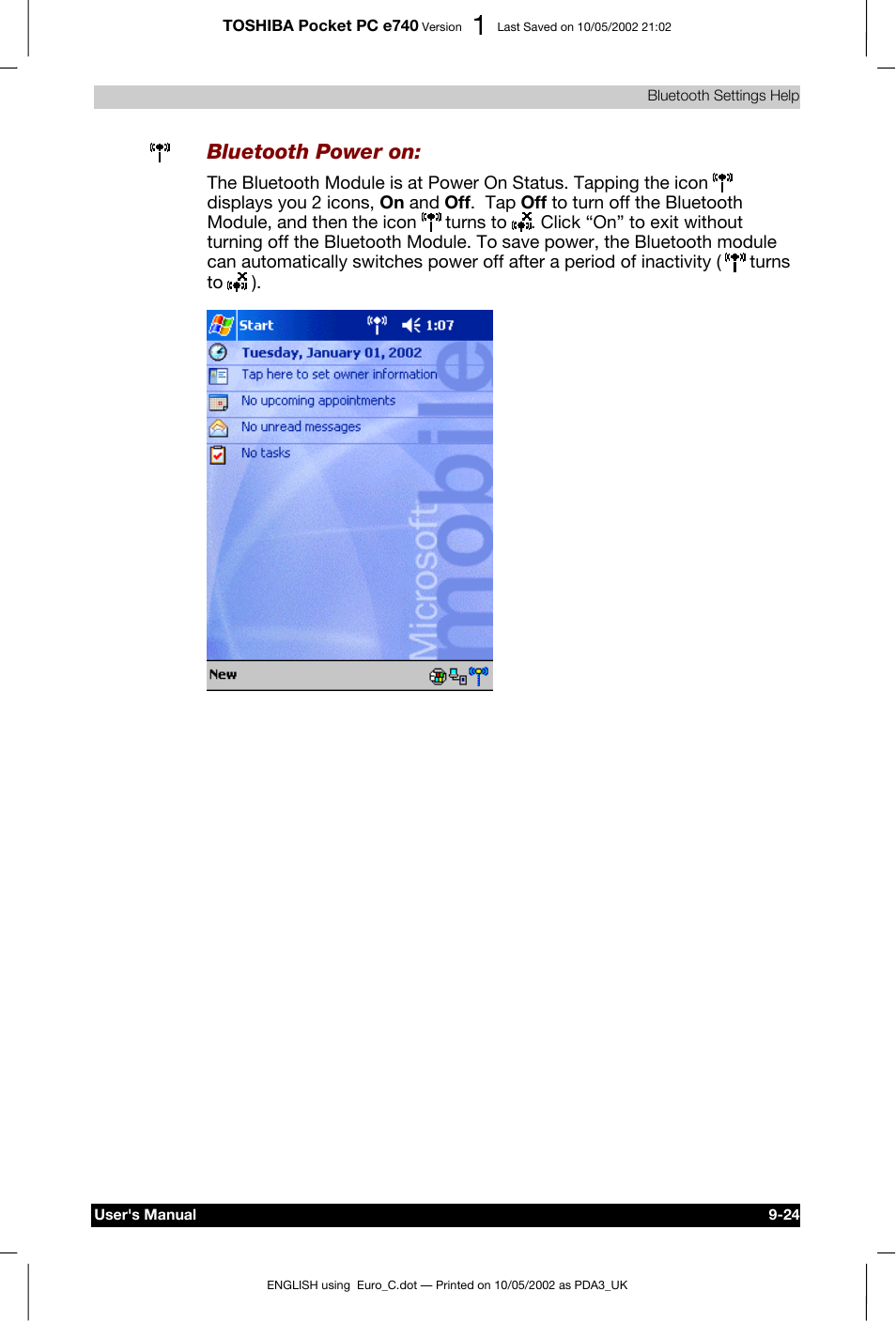 Bluetooth power on | Toshiba Pocket PC e740 User Manual | Page 137 / 182