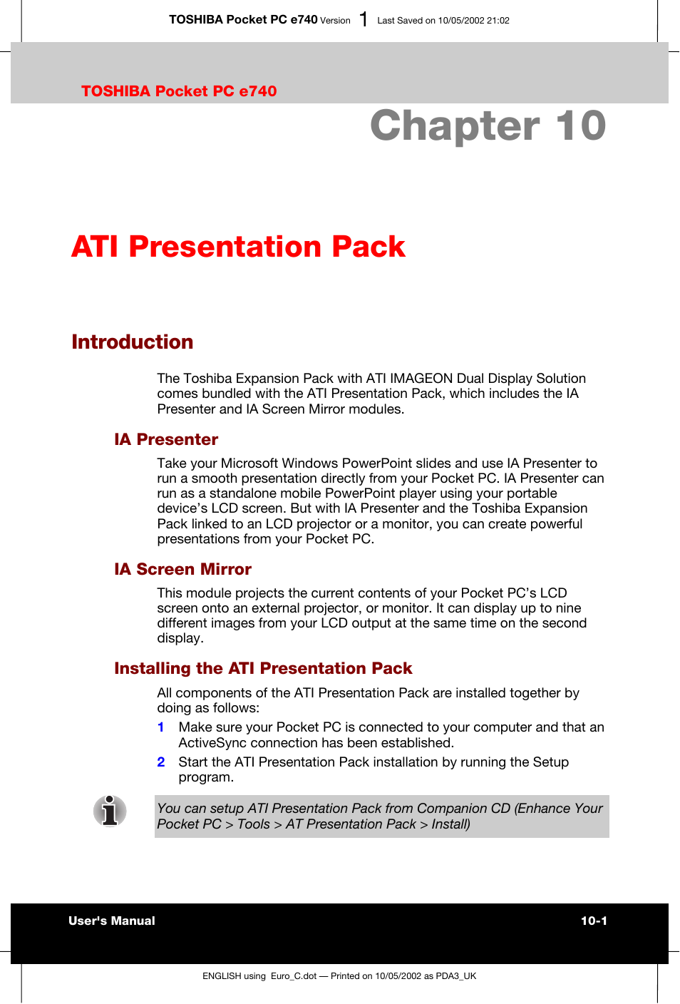 Ati presentation pack, Introduction, Ia presenter | Ia screen mirror, Installing the ati presentation pack, Chapter 10 | Toshiba Pocket PC e740 User Manual | Page 142 / 182