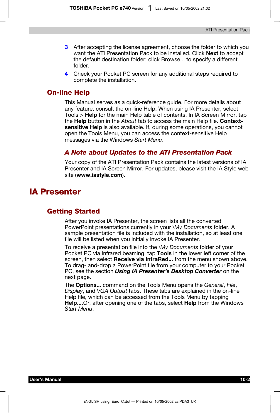 On-line help, Ia presenter, Getting started | Toshiba Pocket PC e740 User Manual | Page 143 / 182