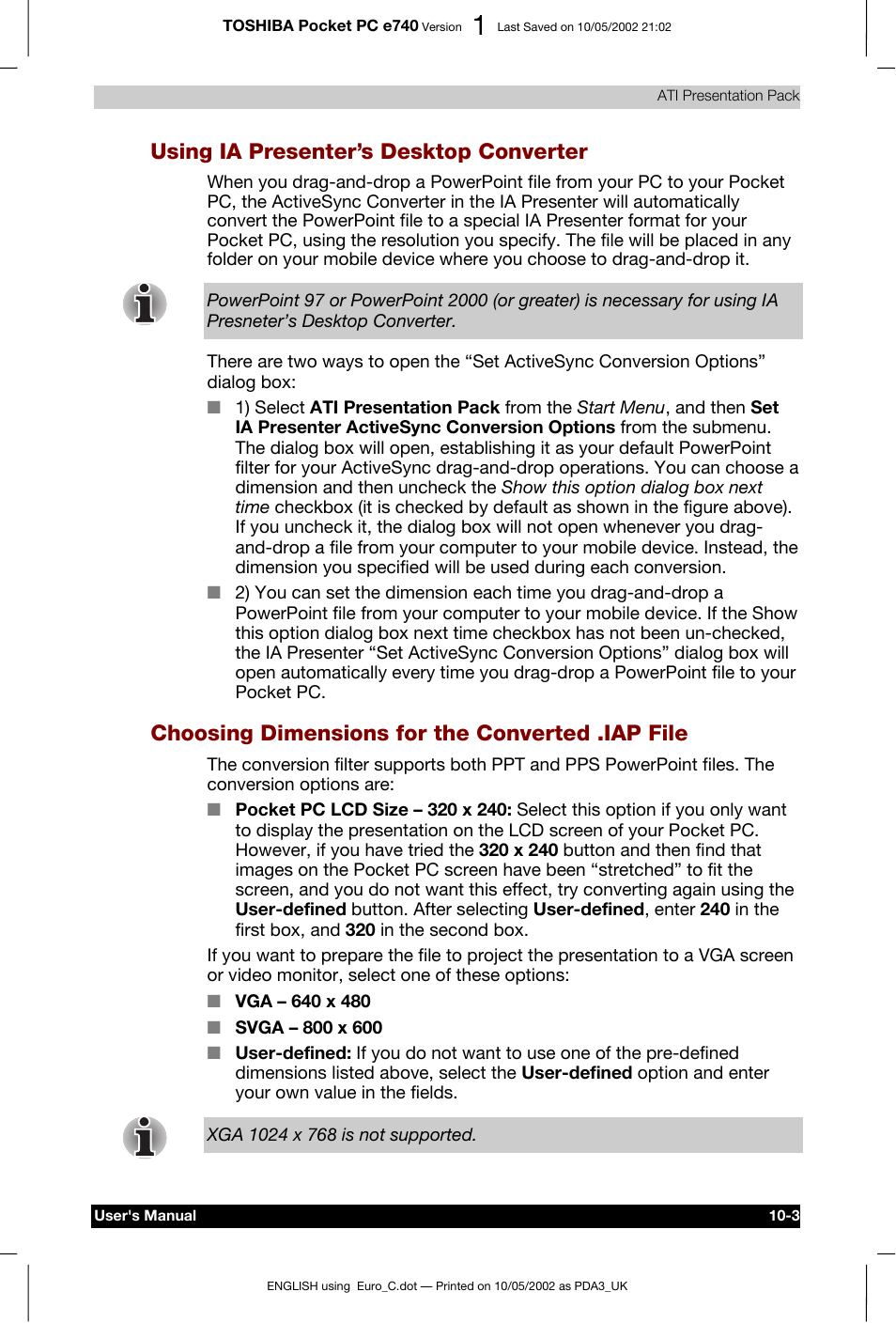 Using ia presenter’s desktop converter, Choosing dimensions for the converted .iap file | Toshiba Pocket PC e740 User Manual | Page 144 / 182